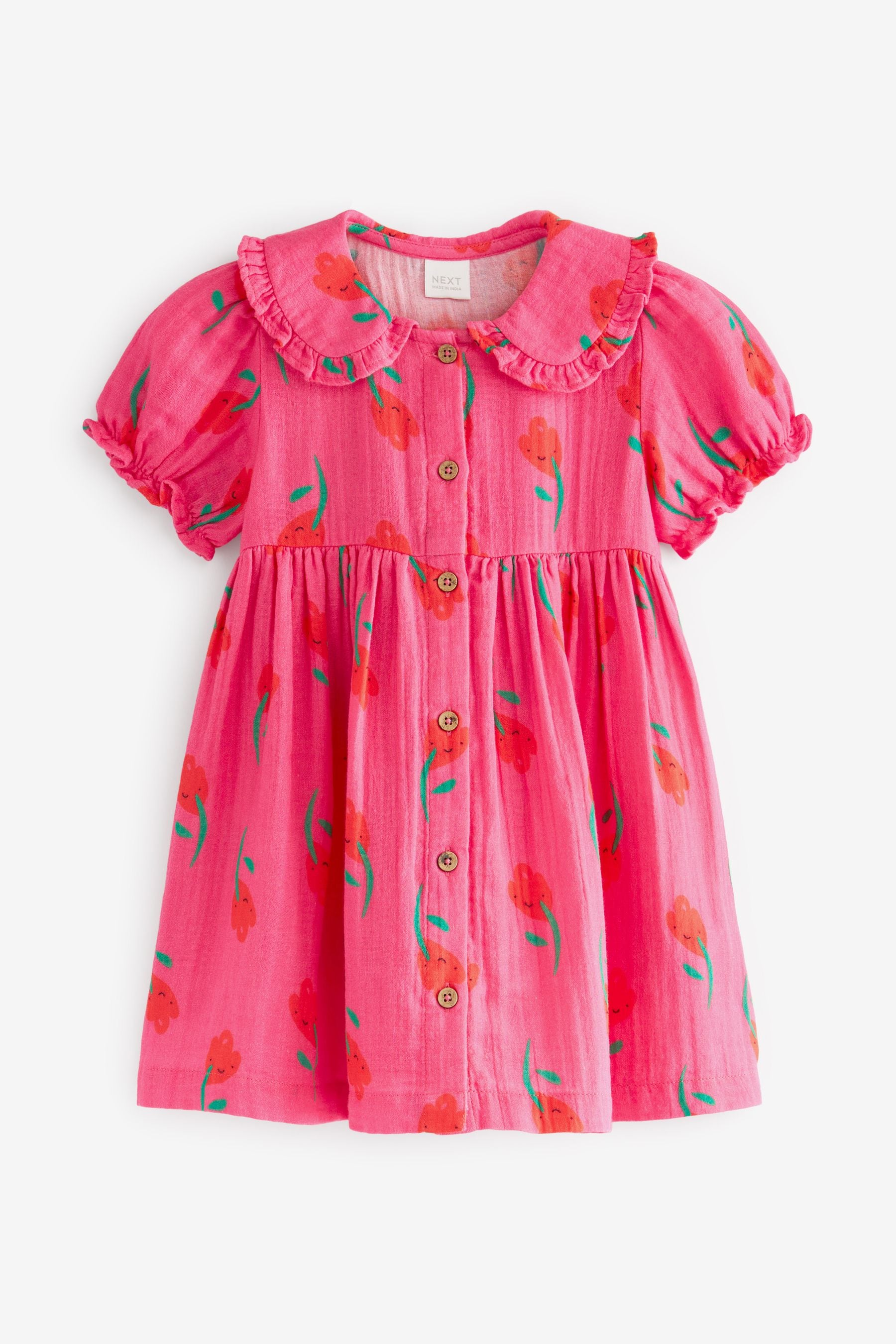 Pink Frill Collar Button Through Short Sleeve Woven Dress (3mths-7yrs)