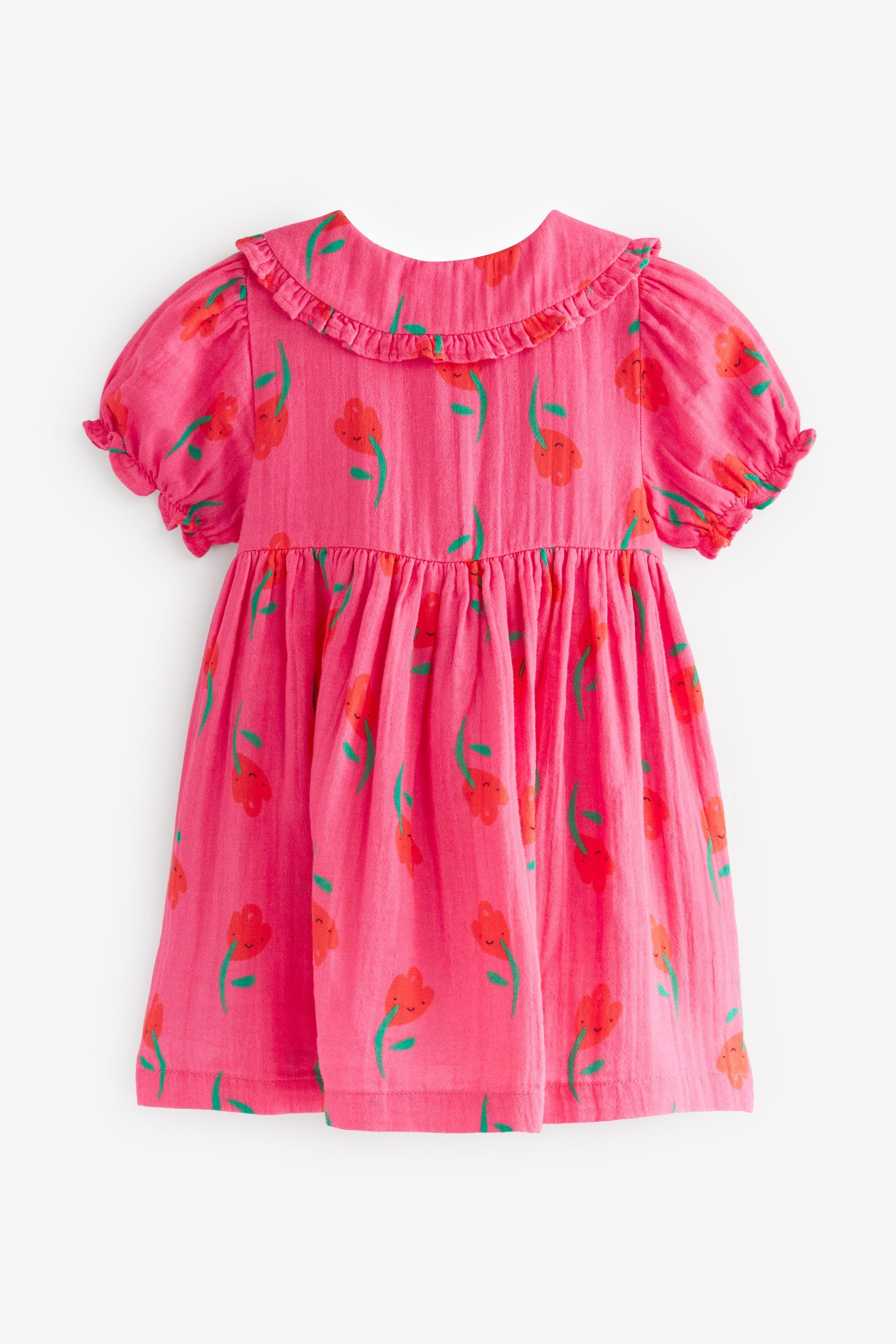 Pink Frill Collar Button Through Short Sleeve Woven Dress (3mths-7yrs)