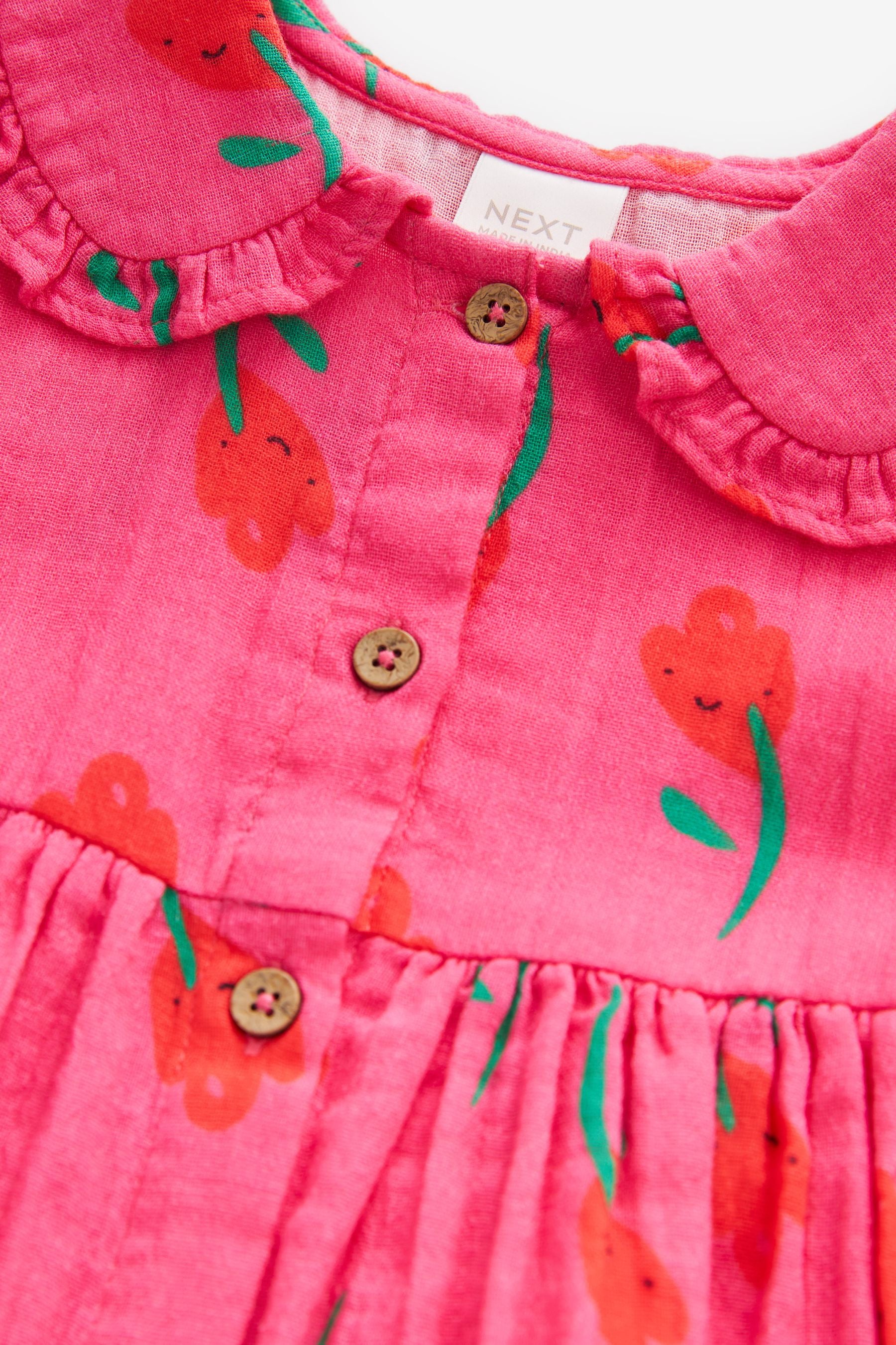 Pink Frill Collar Button Through Short Sleeve Woven Dress (3mths-7yrs)