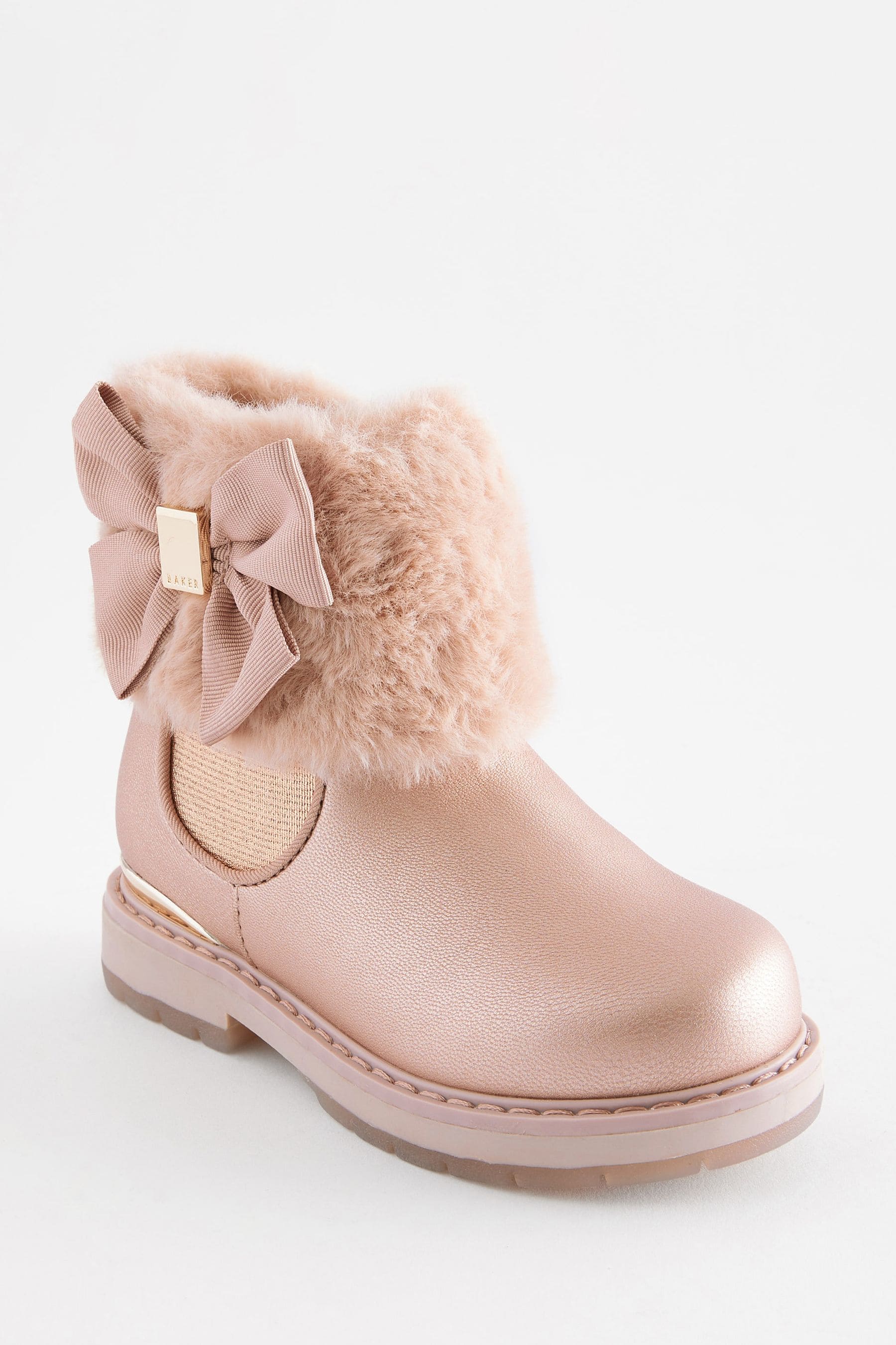 Pink Baker by Ted Baker Girls Pink Faux Fur Cuff Boots with Bow