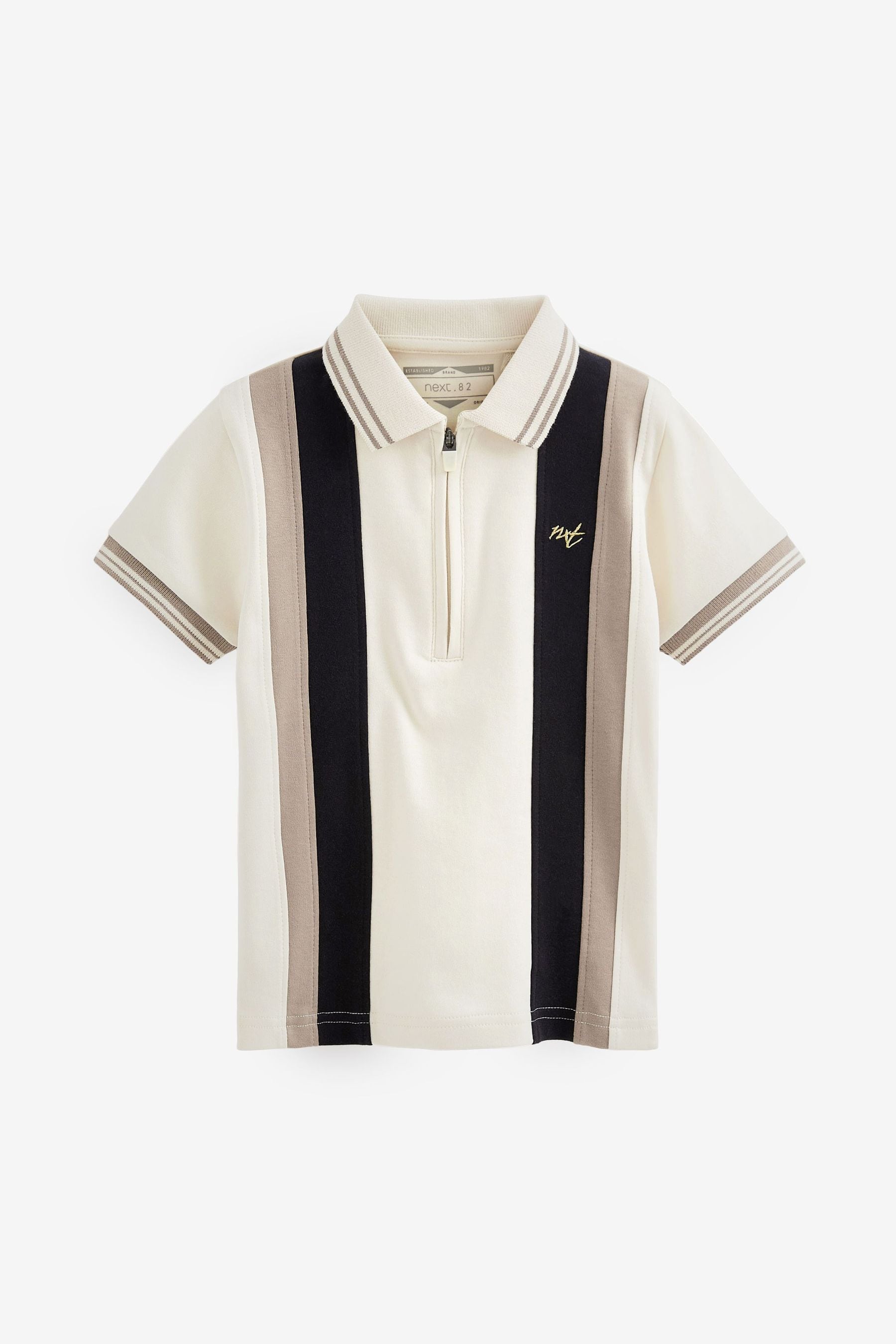 Black/Ecru Cream Vertical Stripe Short Sleeve Zip Neck Polo Shirt (3mths-7yrs)