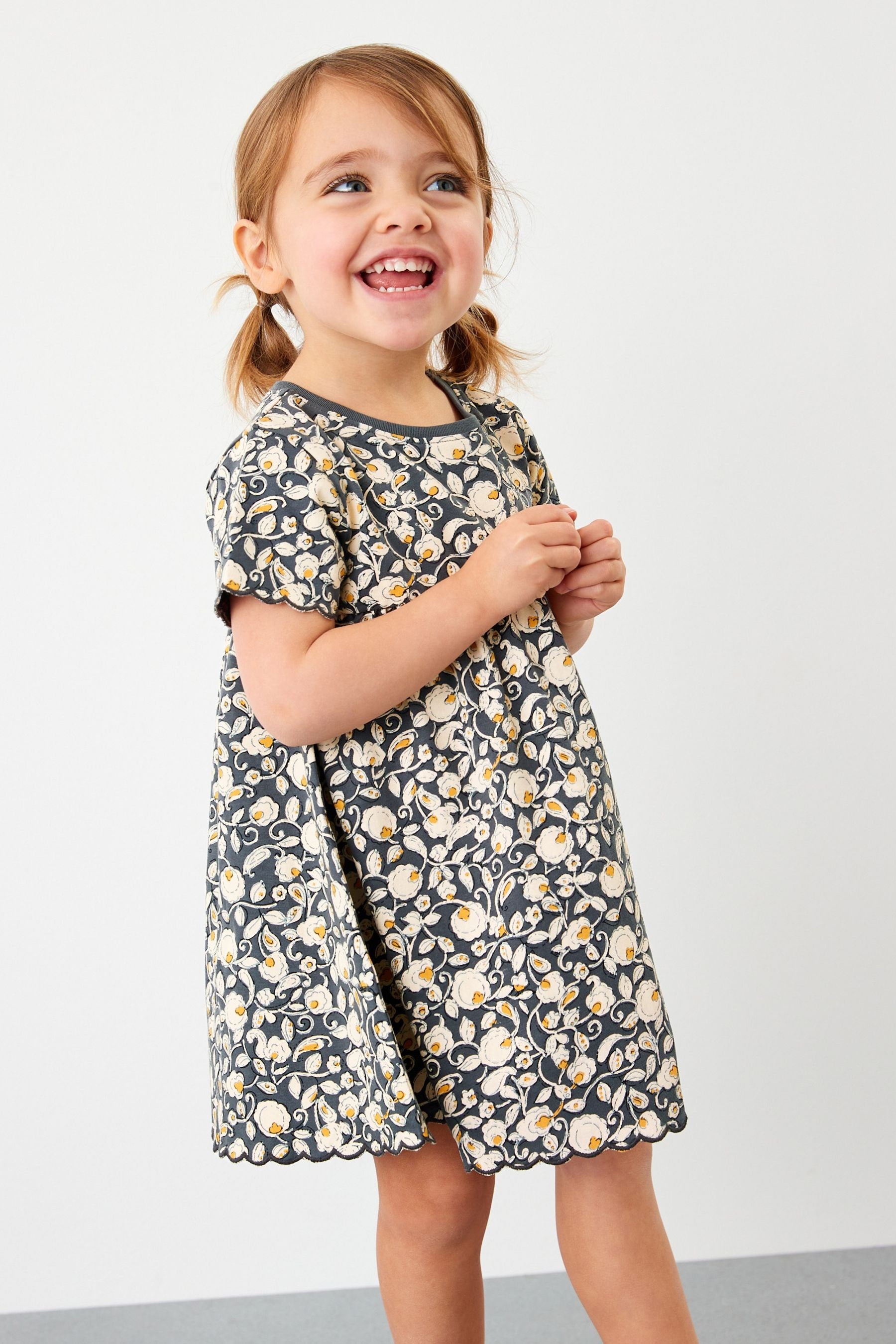 Monochrome Short Sleeve Scallop Edge Cotton Jersey Dress (3mths-7yrs)