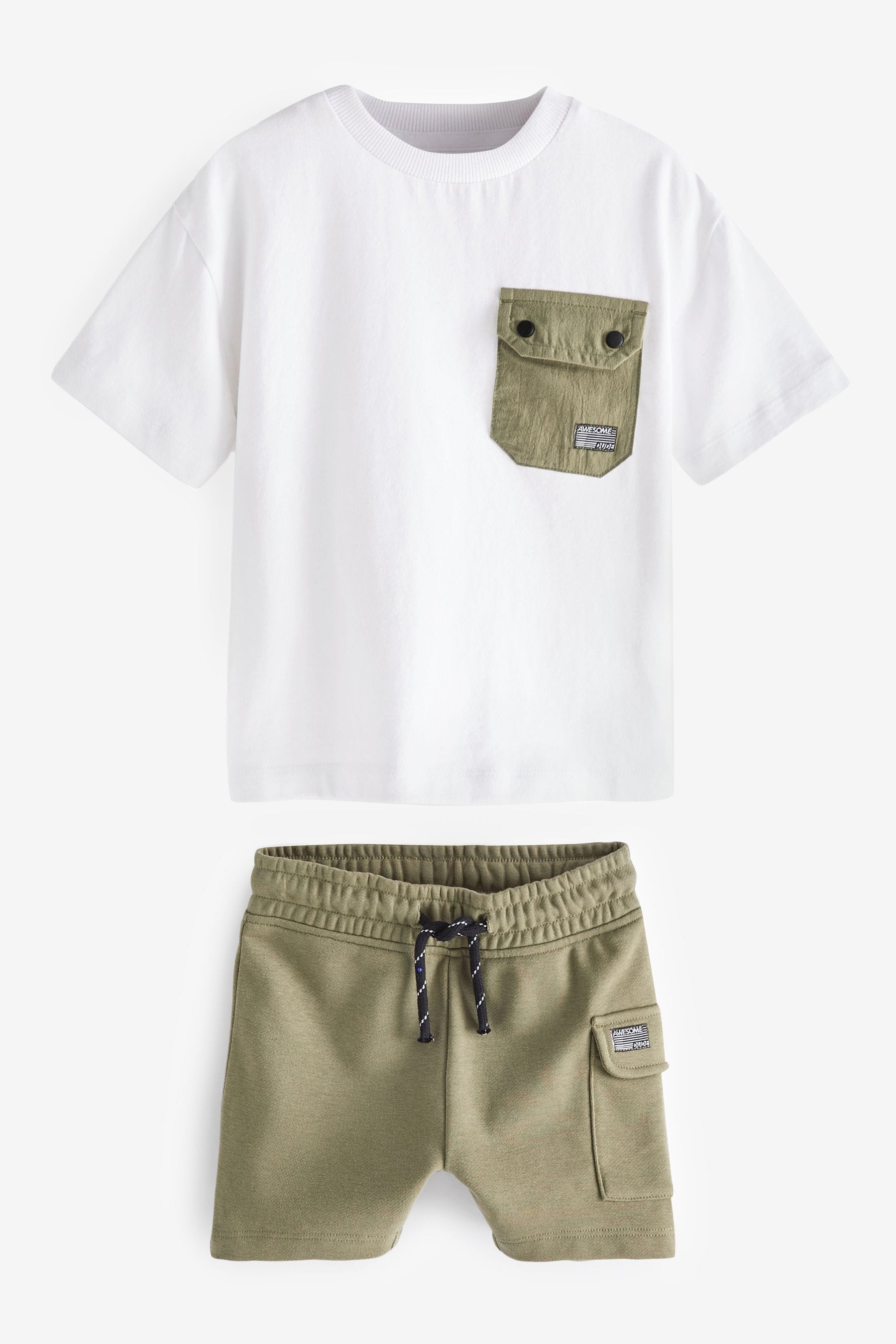 White & Green Utility Pocket T-Shirt and Shorts Set (3mths-7yrs)