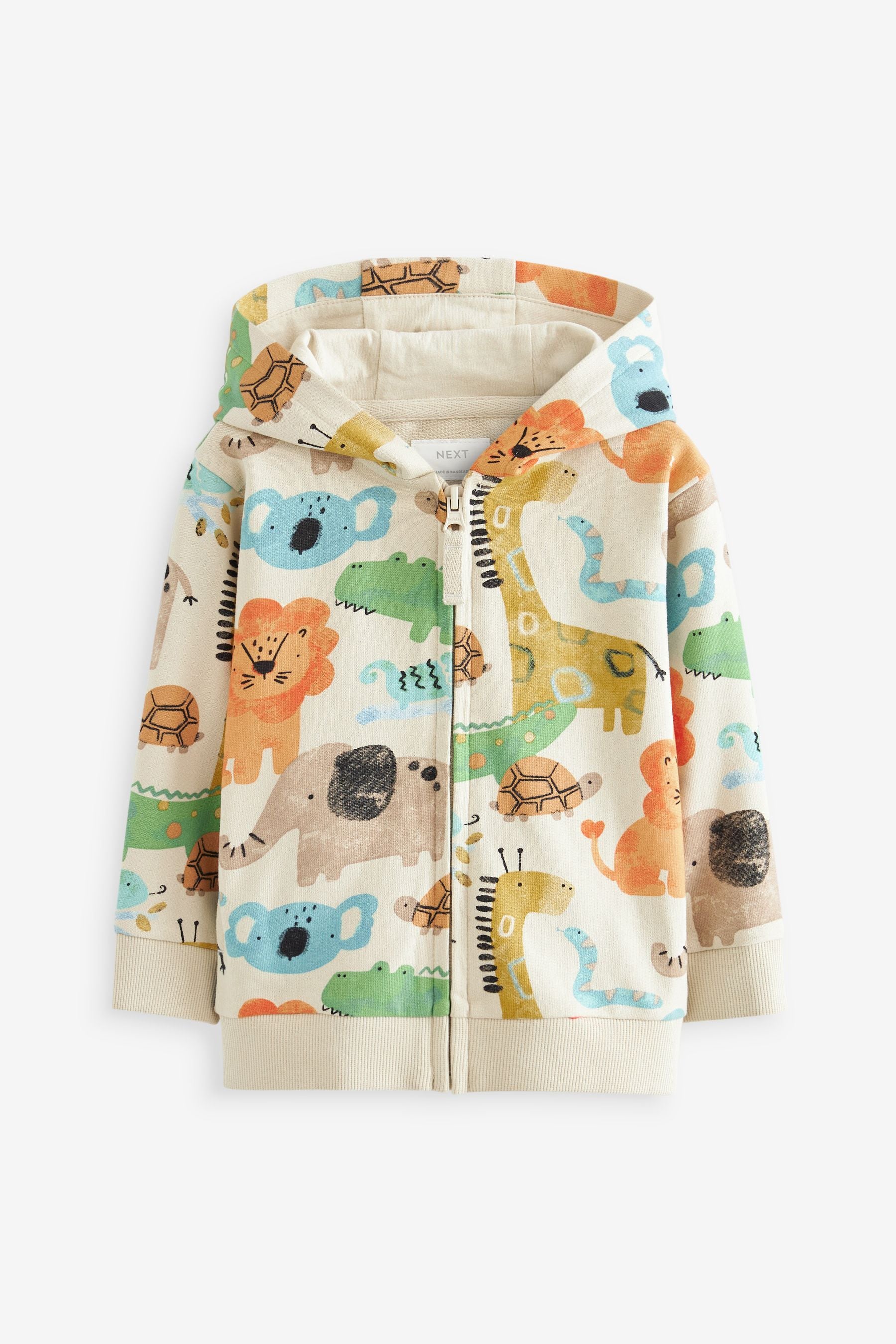 Ecru Cream Safari Animals All Over Print Zip Through Hoodie (3mths-7yrs)