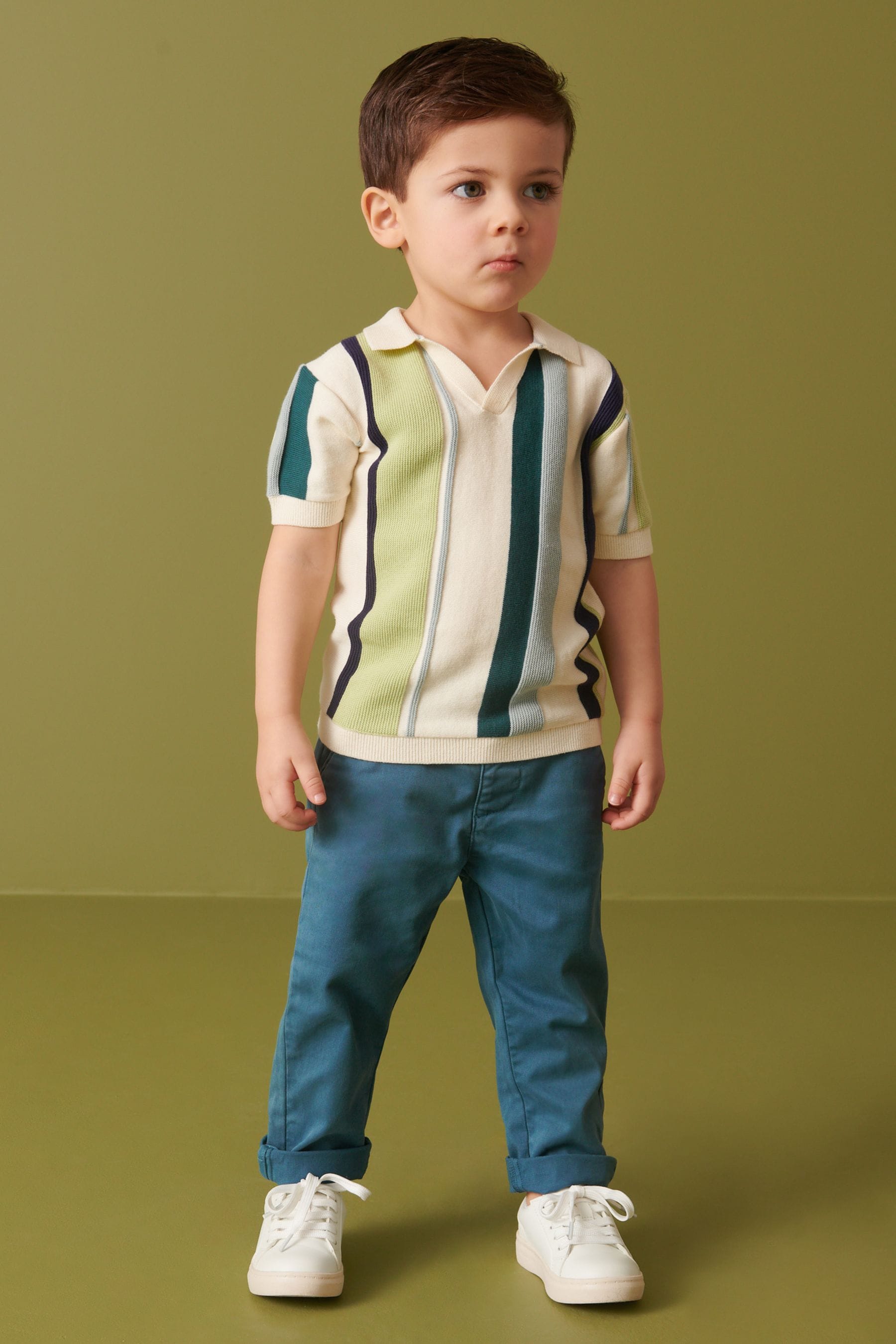 Green Knitted Vertical Patterned Short Sleeve Polo Shirt (3mths-7yrs)