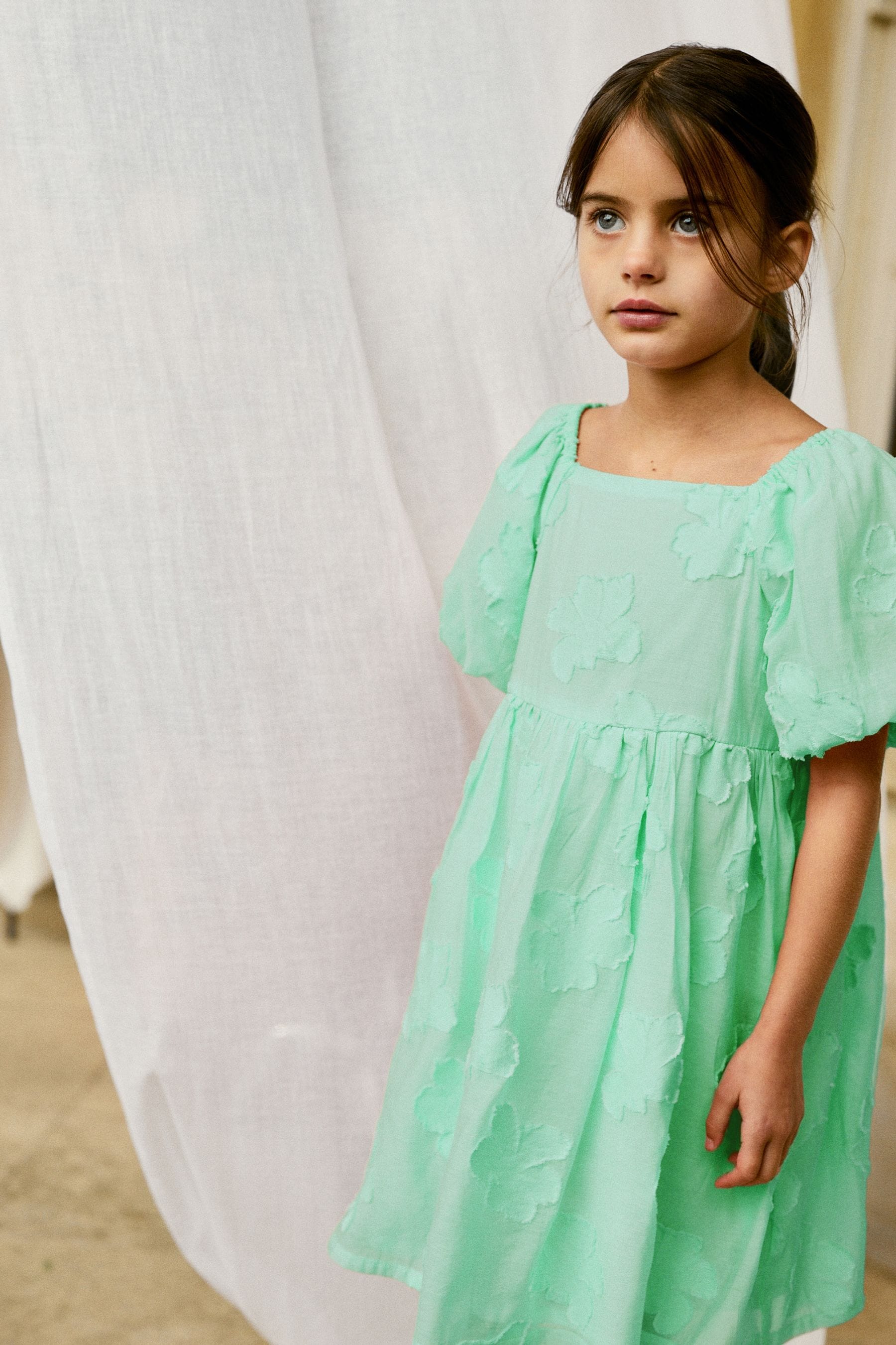 Mint Green Floral Texture Dress (3-16yrs)