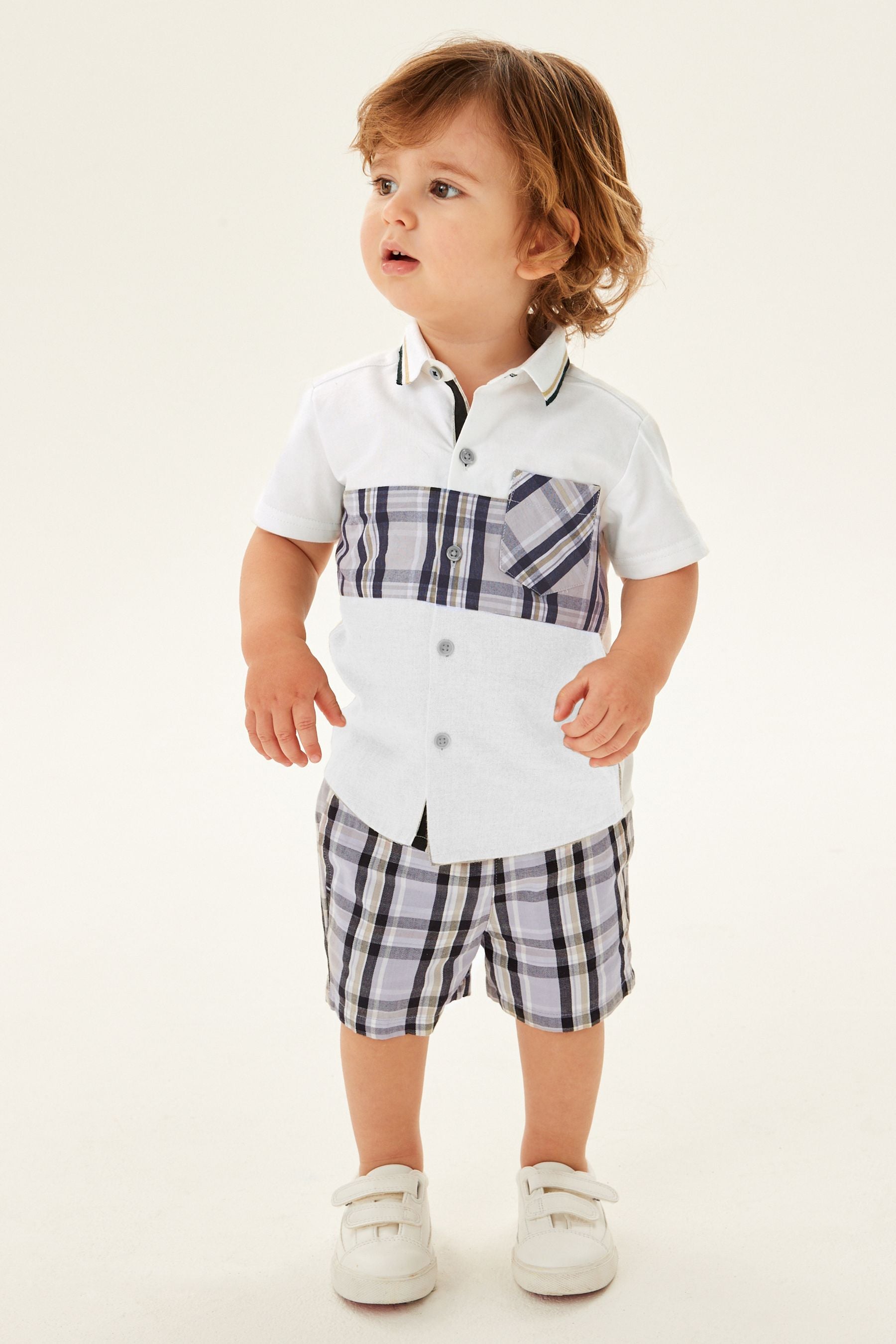 White/Check Spliced Shirt and Shorts Set (3mths-12yrs)