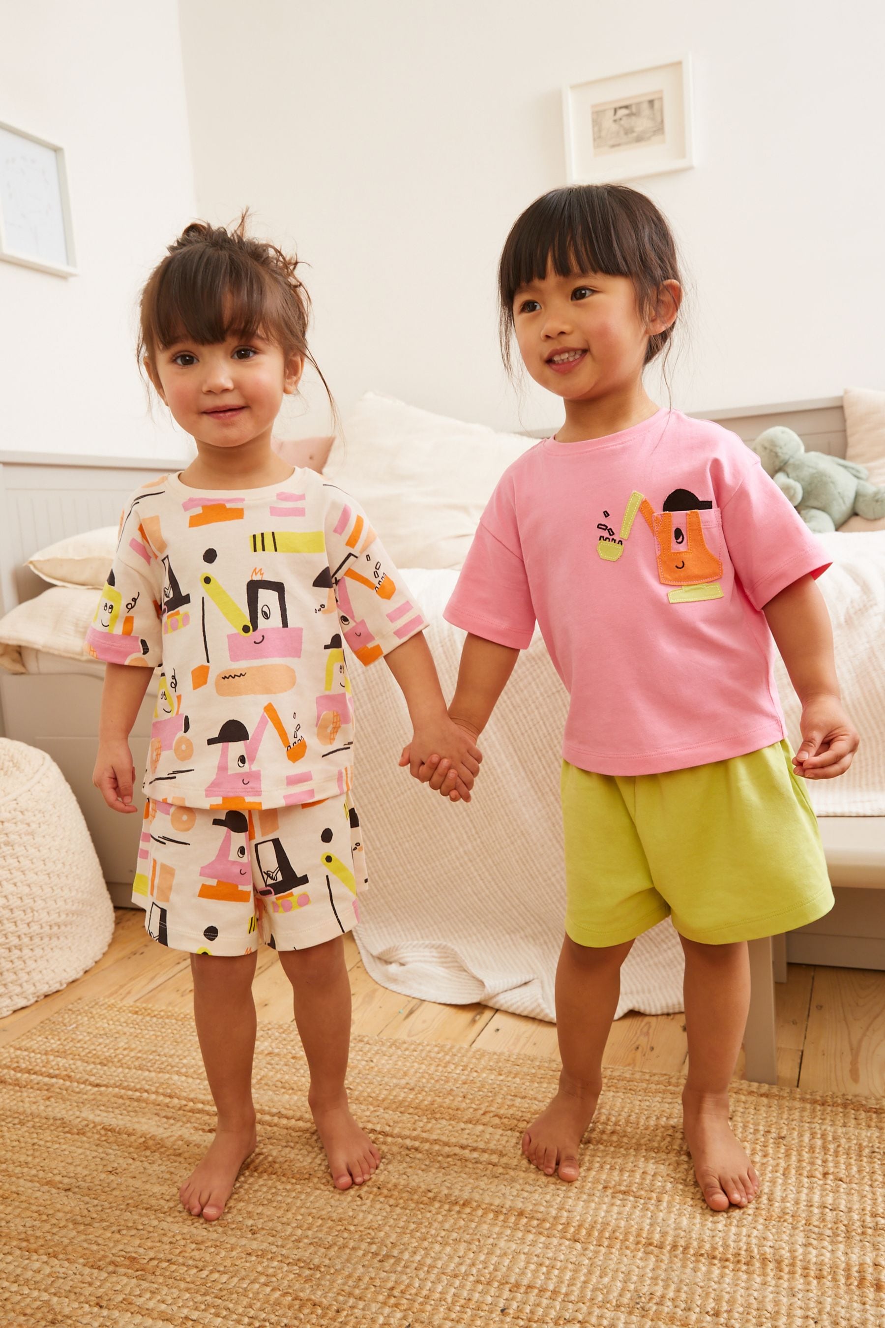 Pink/Lime Green Tractor Character Short Pyjamas 2 Pack (9mths-8yrs)