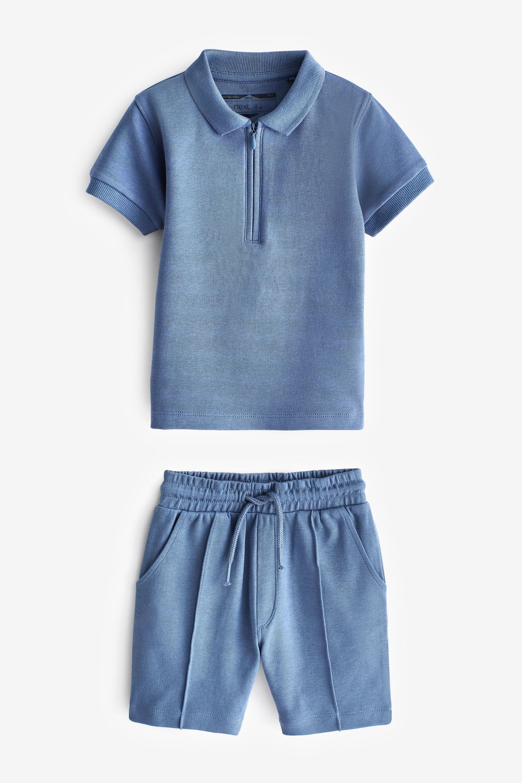 Blue Short Sleeve Jersey Zip Neck Polo Shirt And Shorts Set (3mths-7yrs)