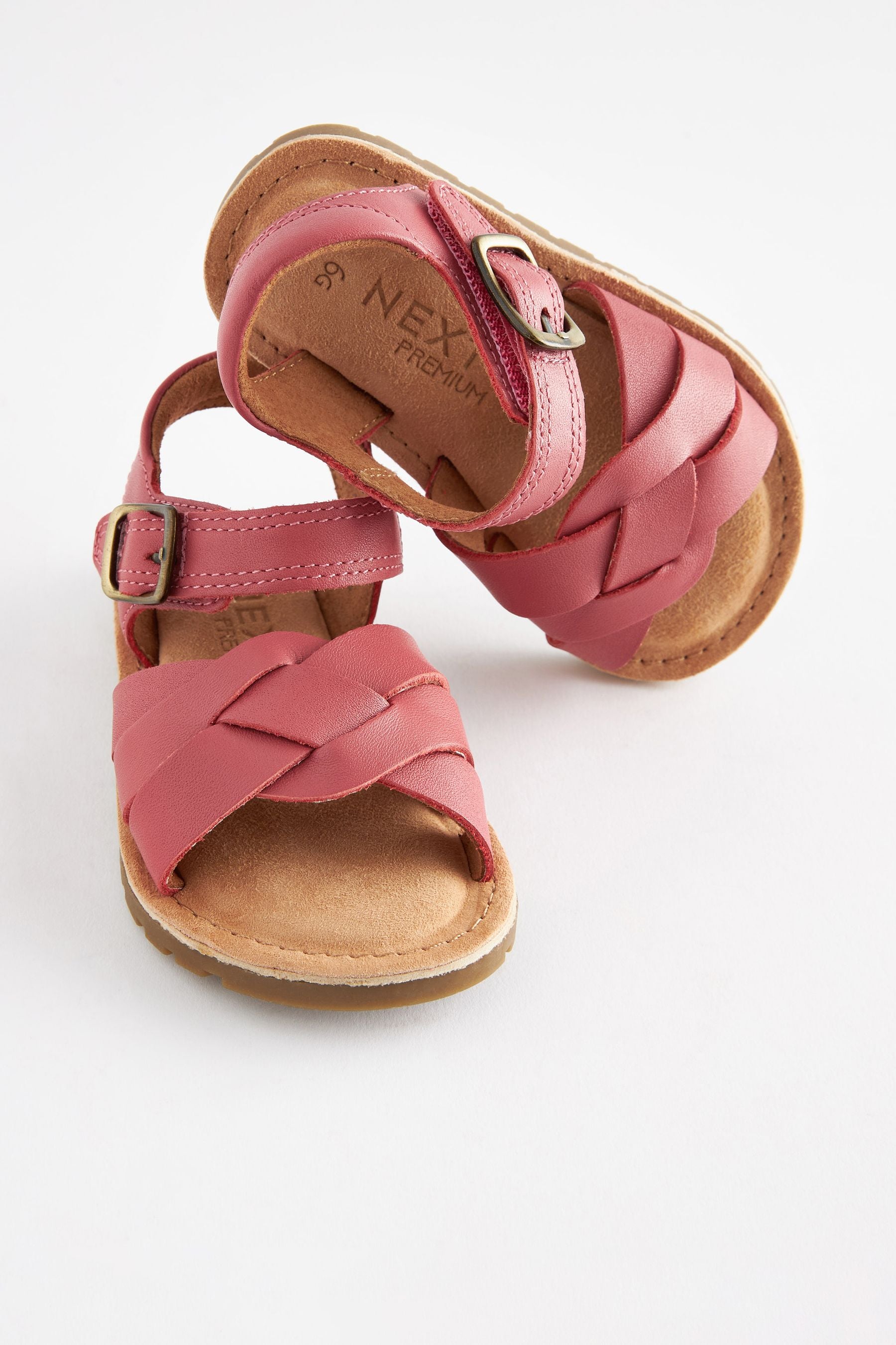 Pink Leather Woven Ankle Strap Sandals