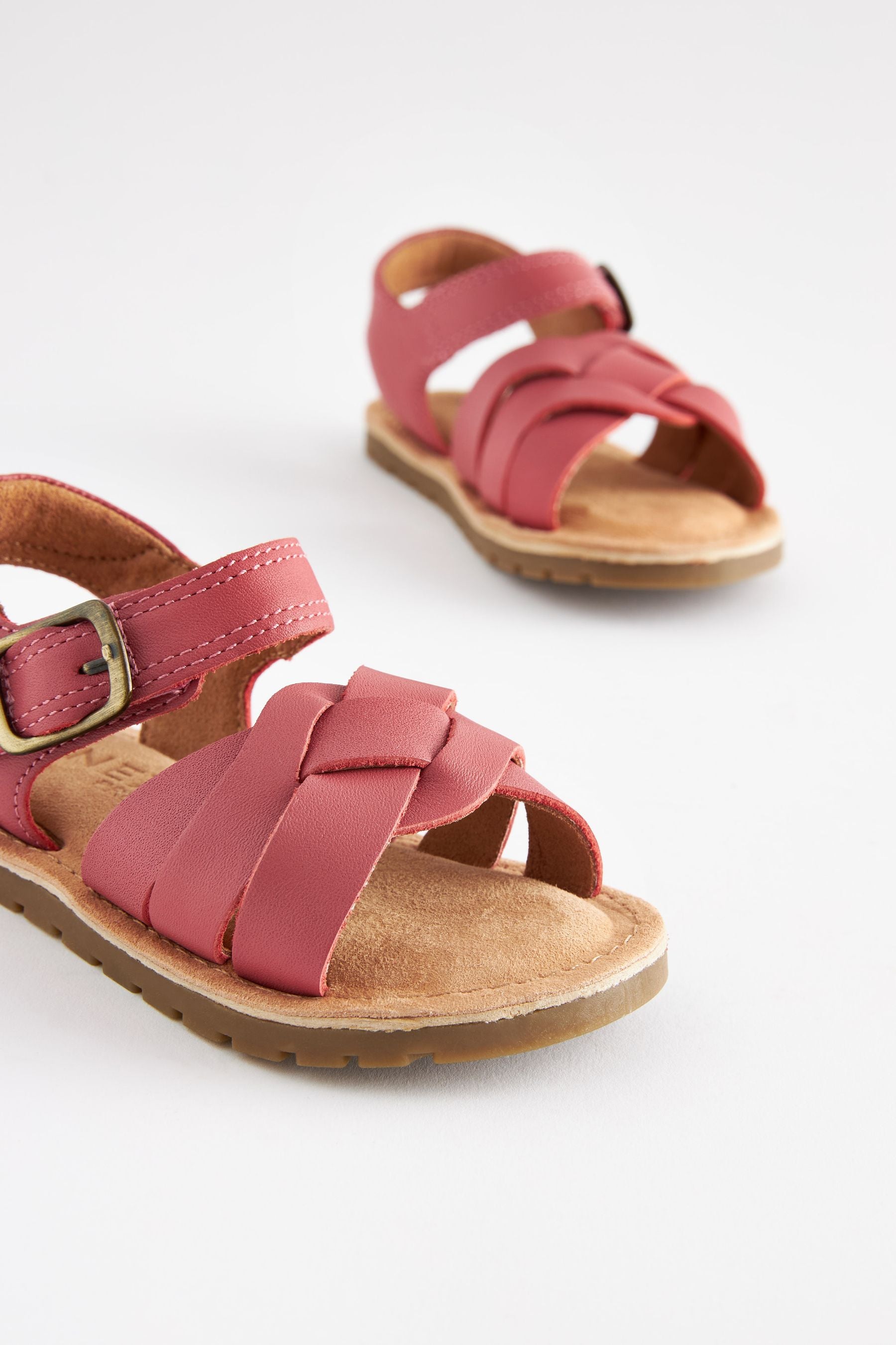 Pink Leather Woven Ankle Strap Sandals