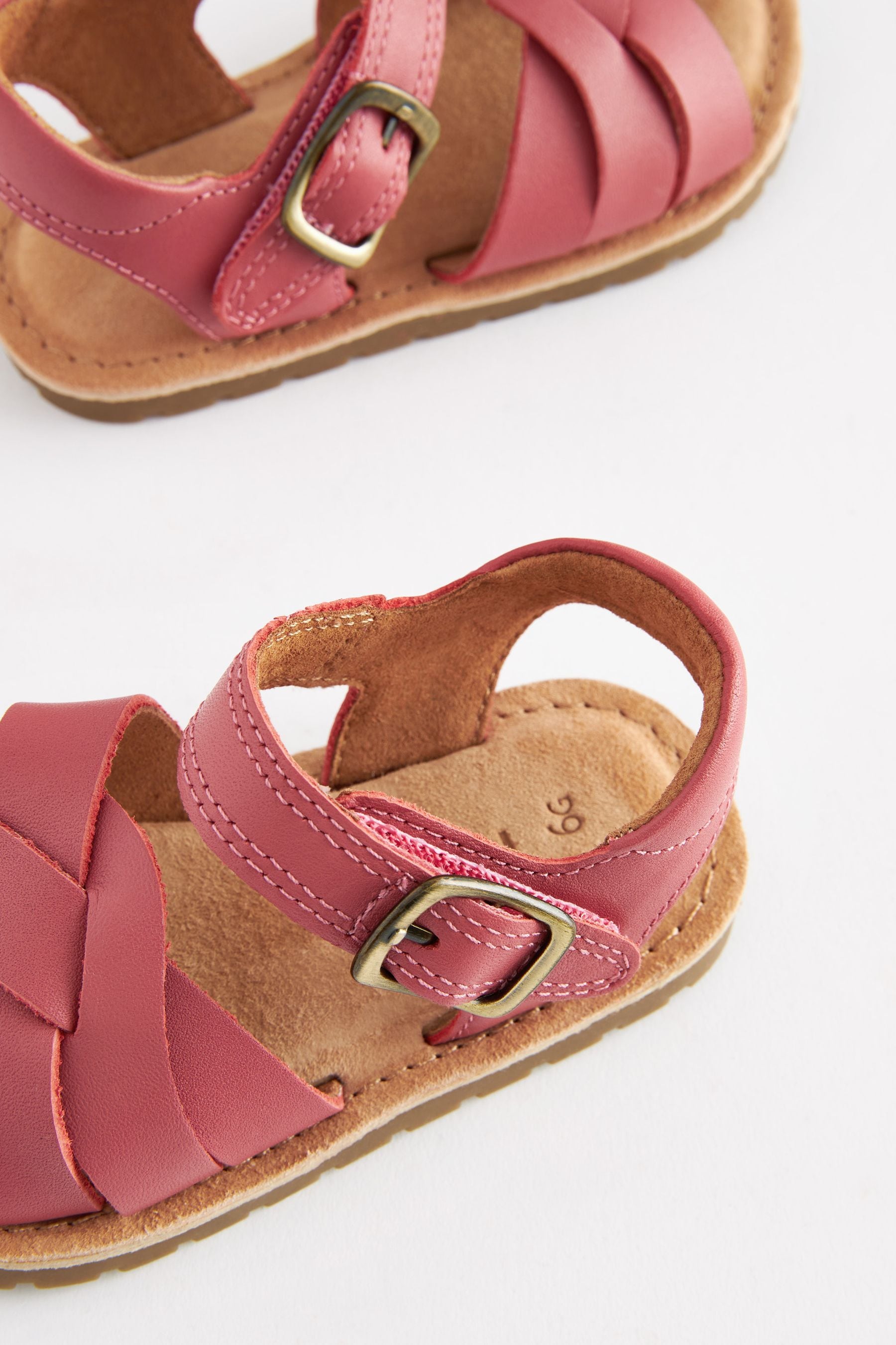 Pink Leather Woven Ankle Strap Sandals