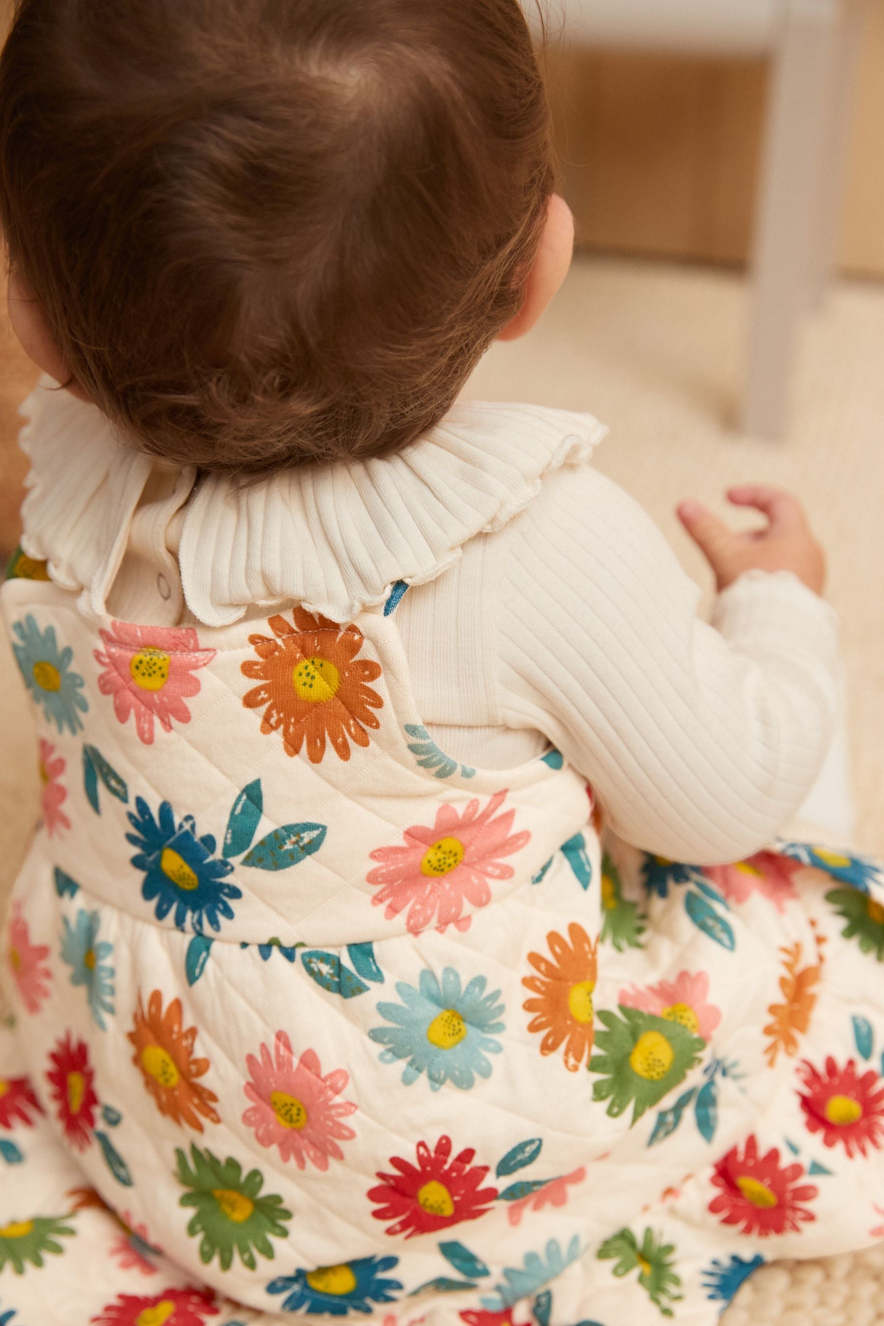 White Floral Quilted Strappy Dress With Tier