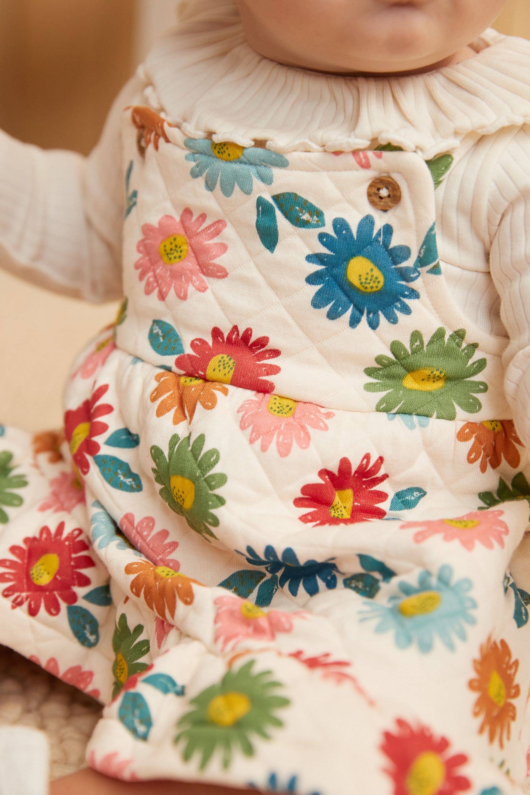 White Floral Quilted Strappy Dress With Tier