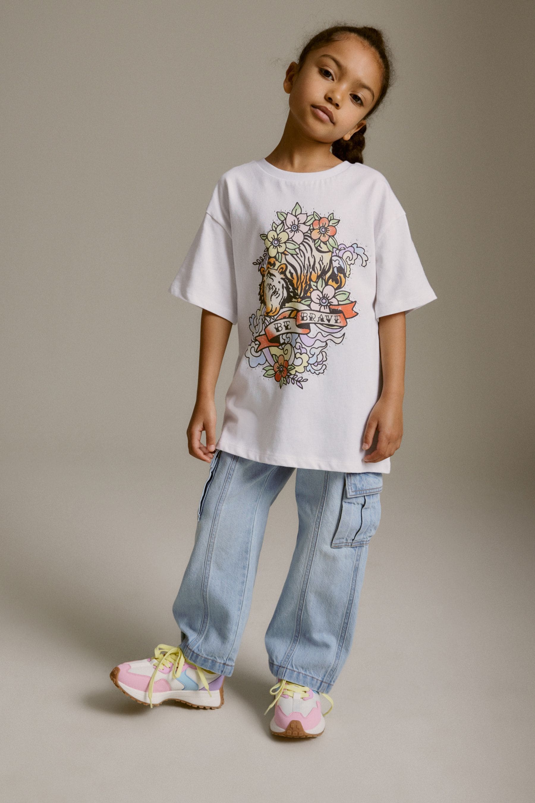 White Tiger Stud Oversized Embellished Graphic T-Shirt (3-16yrs)