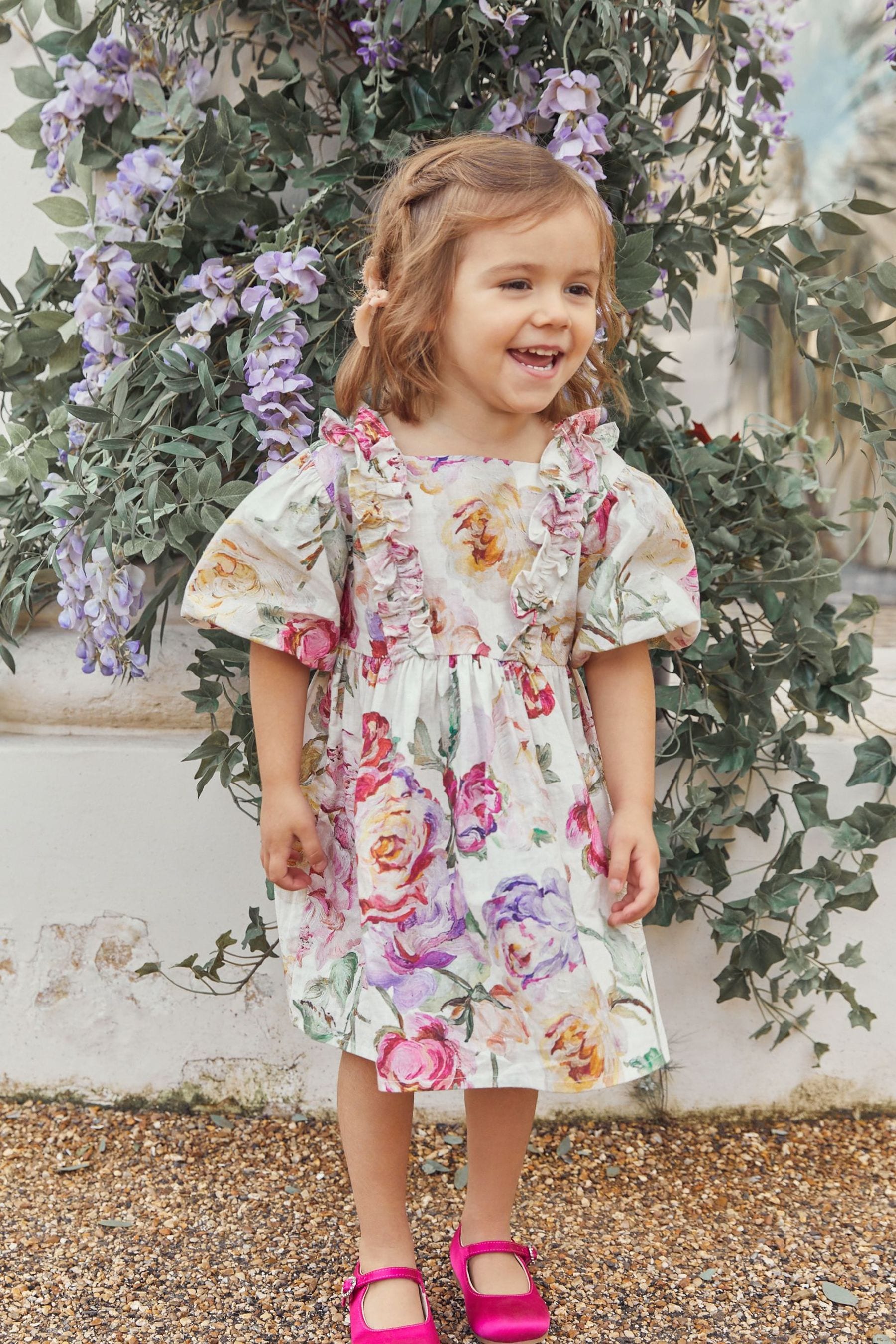 Pink Rose Printed Puff Sleeves Dress (3mths-8yrs)