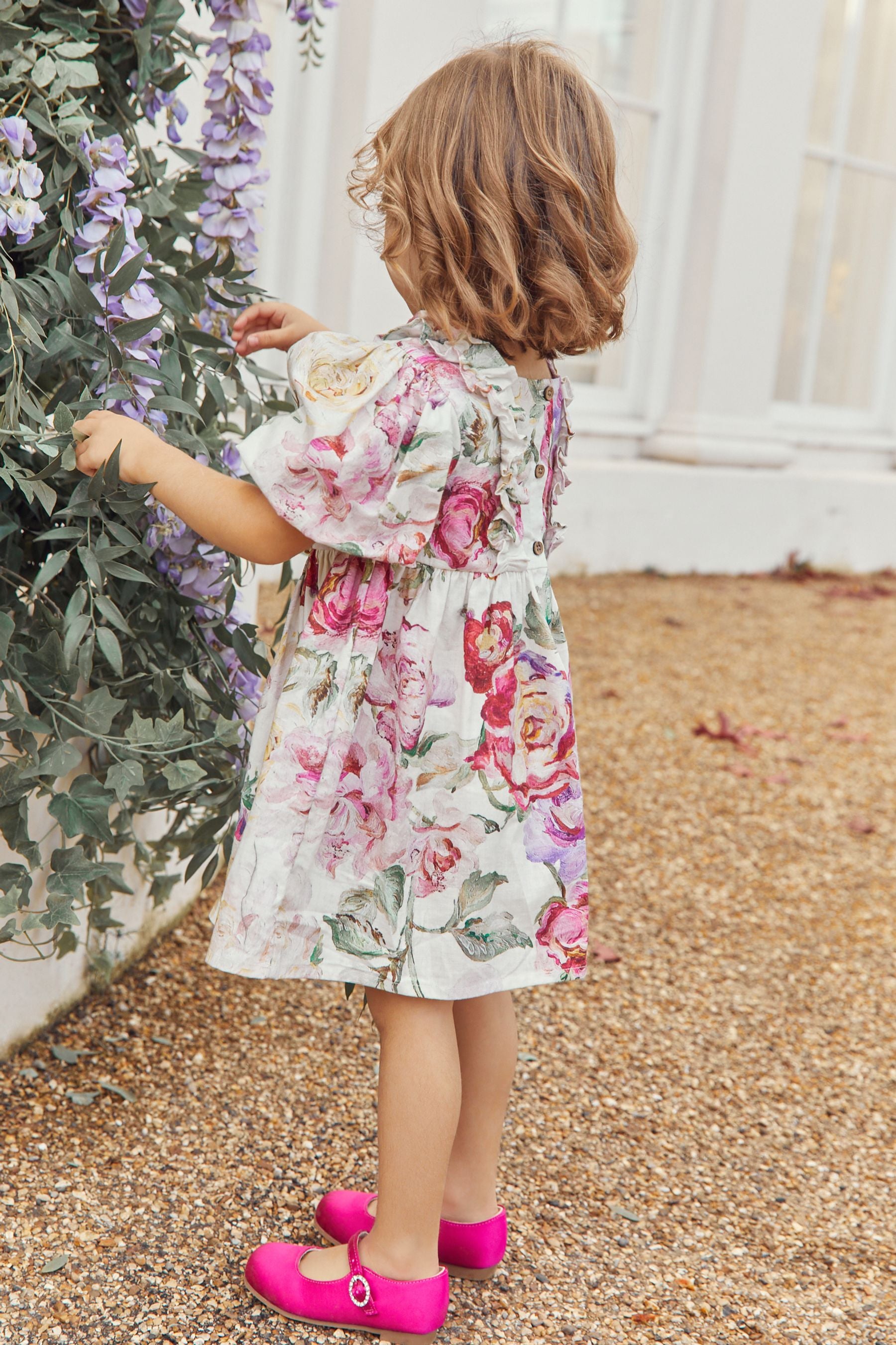 Pink Rose Printed Puff Sleeves Dress (3mths-8yrs)