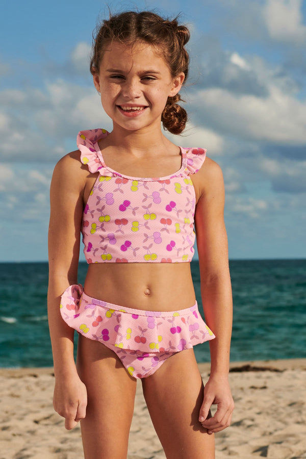 Fluro Pink Cherry Frill Sleeve Bikini (3-16yrs)