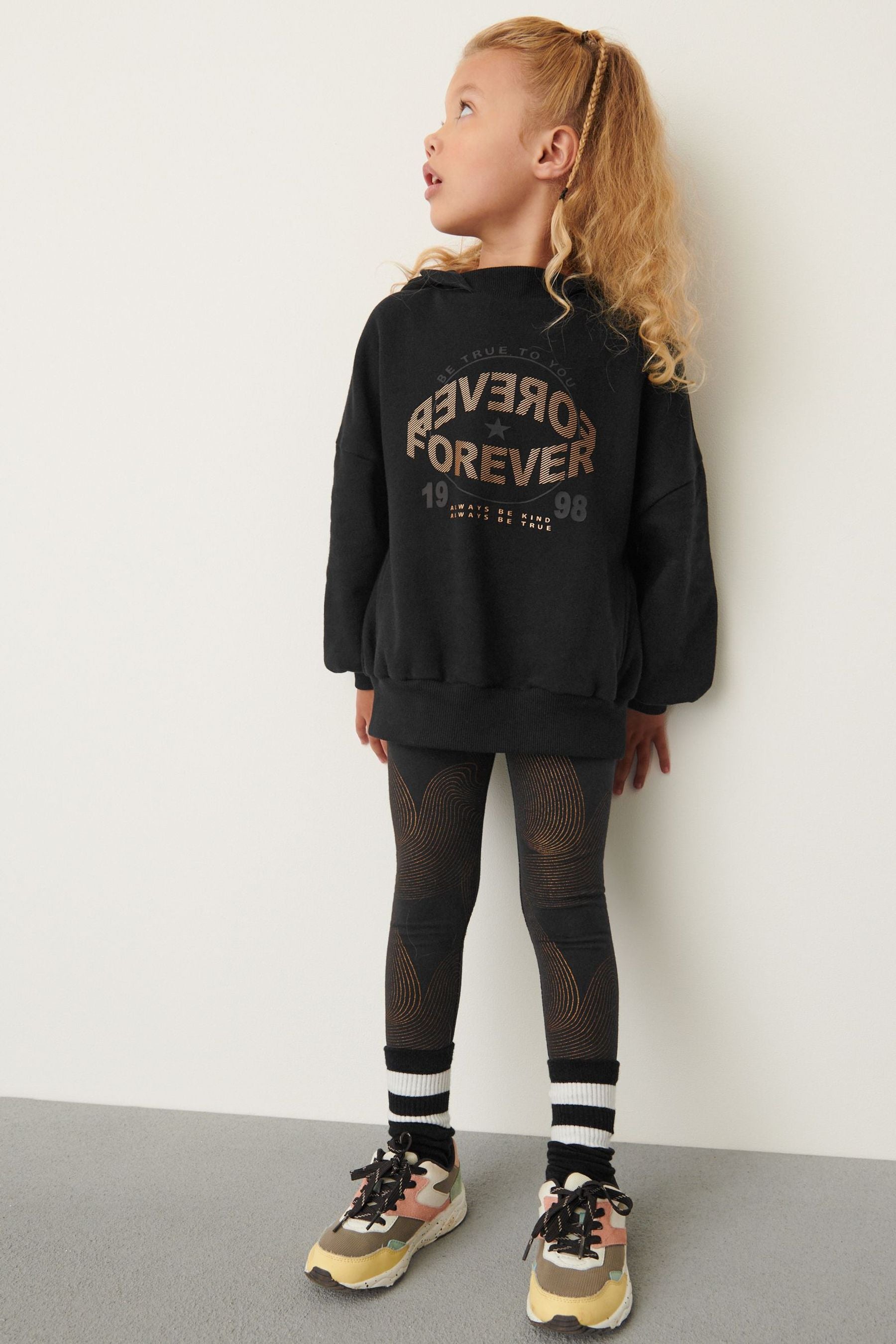 Black and Gold Swirl Slogan Hoodie And Leggings Set (3-16yrs)