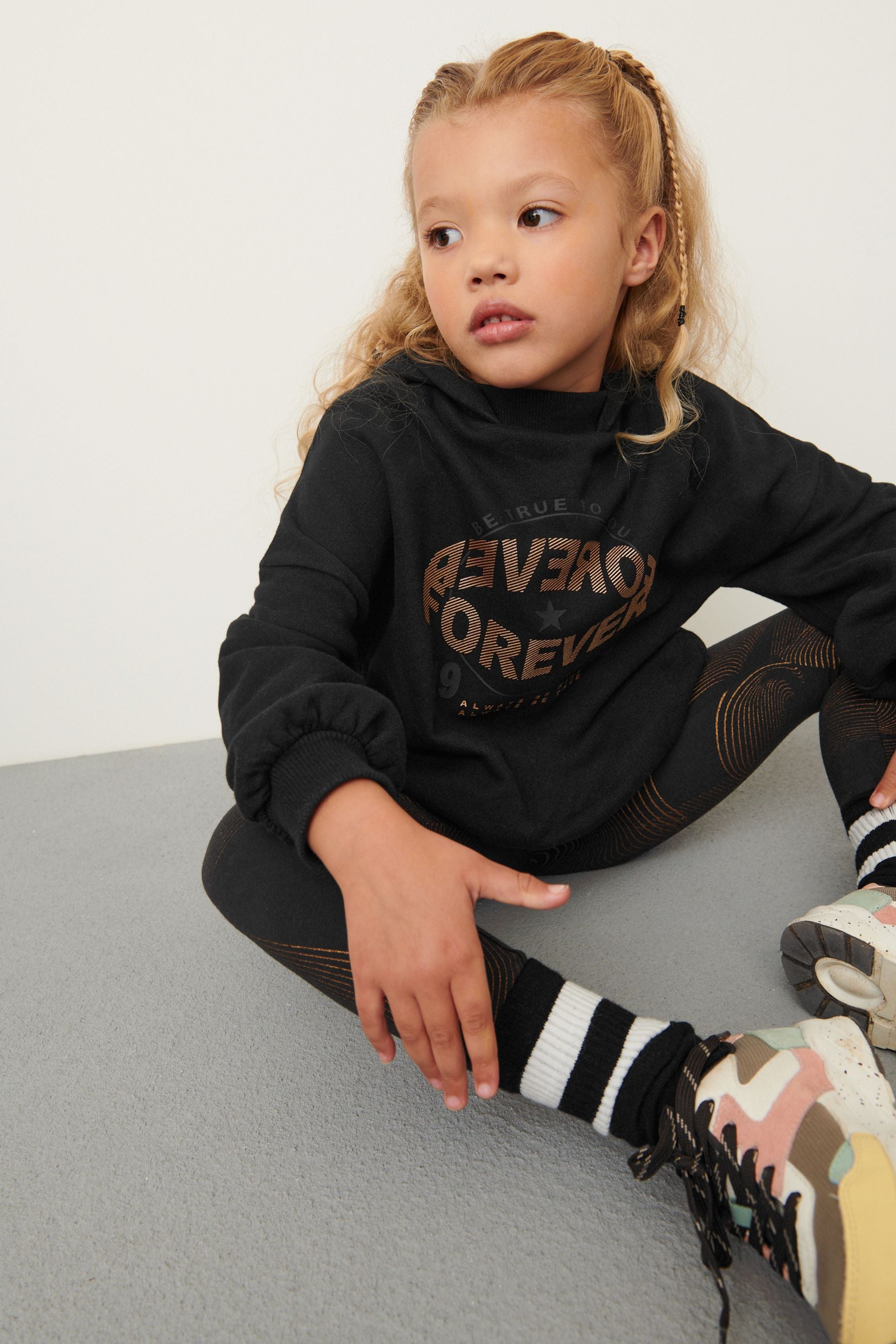 Black and Gold Swirl Slogan Hoodie And Leggings Set (3-16yrs)