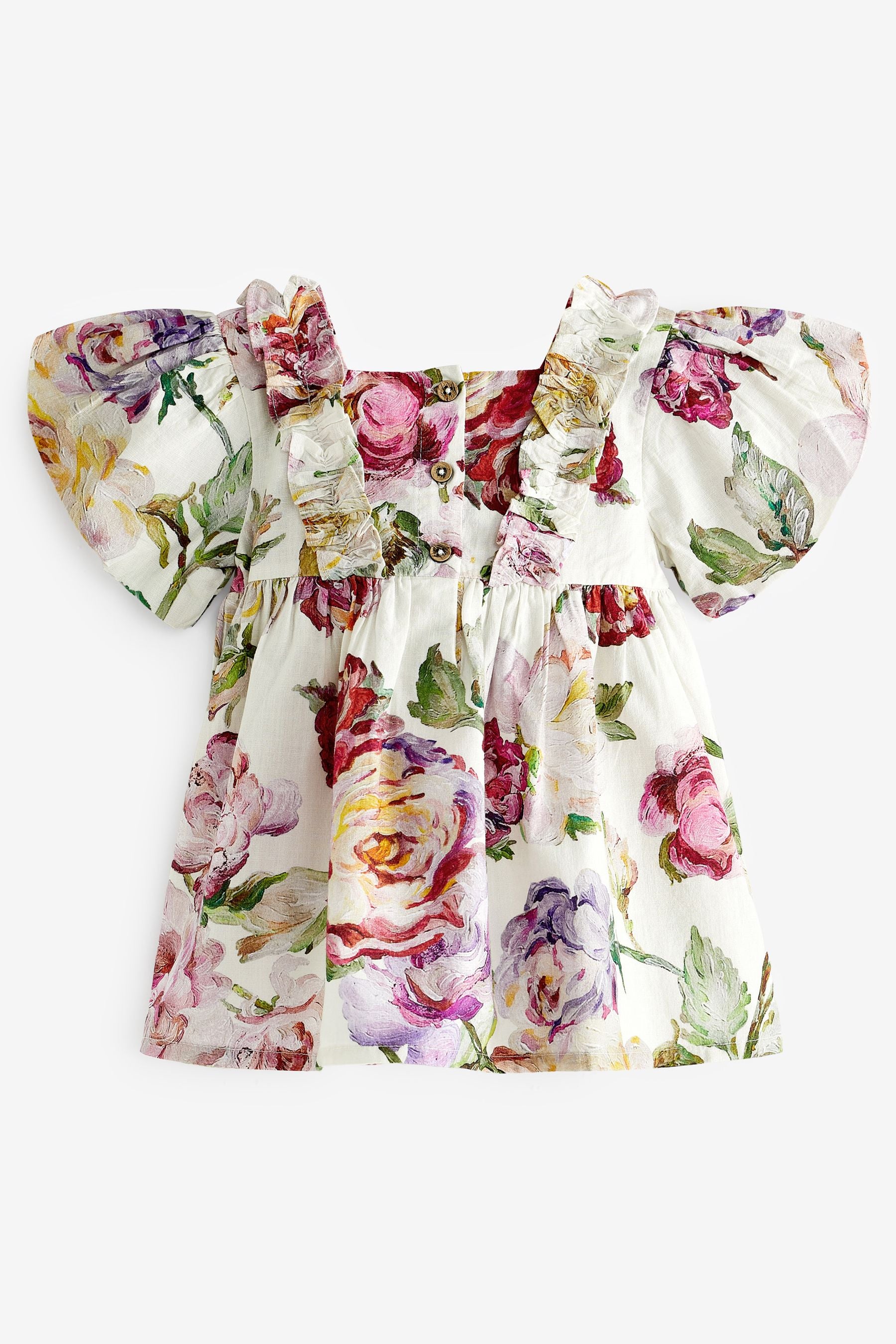 Pink Rose Printed Puff Sleeves Dress (3mths-8yrs)