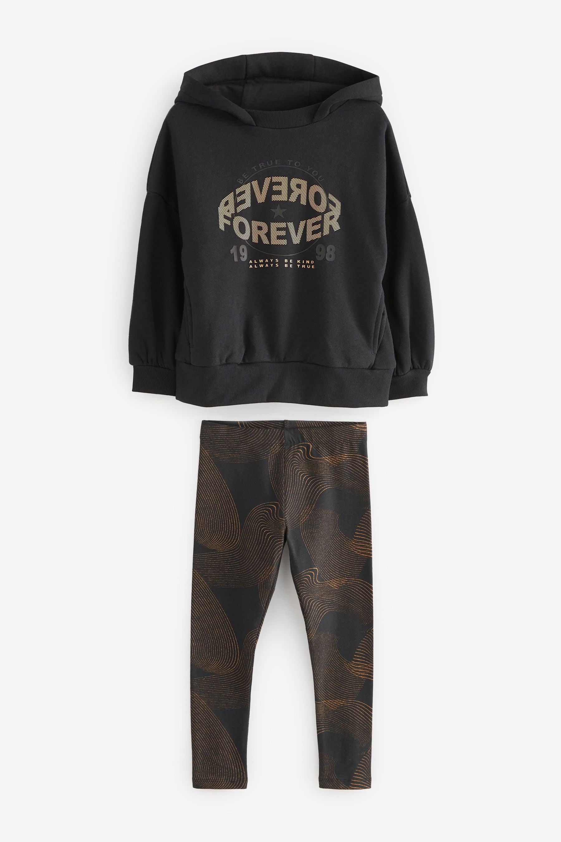 Black and Gold Swirl Slogan Hoodie And Leggings Set (3-16yrs)