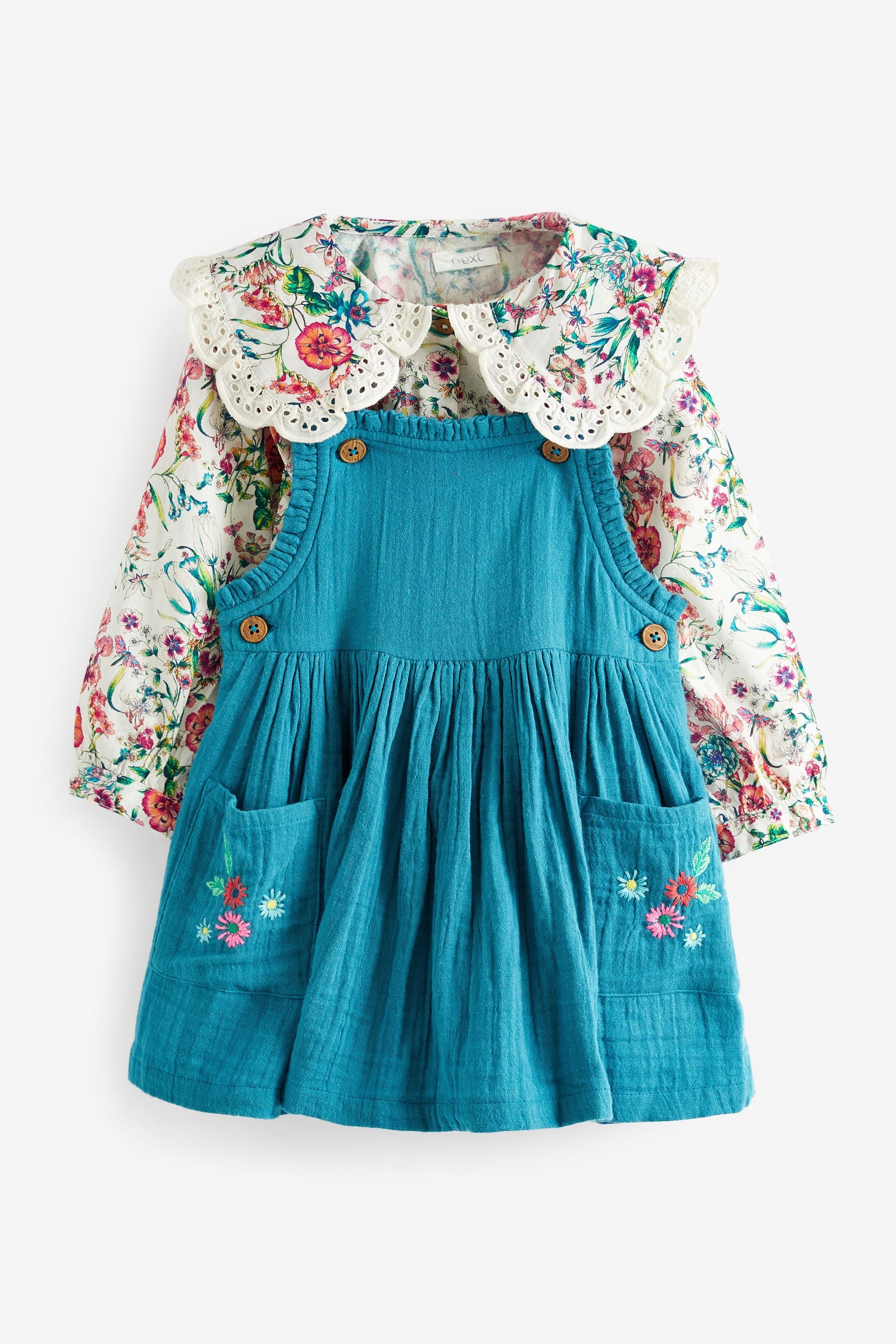 Teal Green Embroidered Pinafore And Blouse Set (3mths-8yrs)