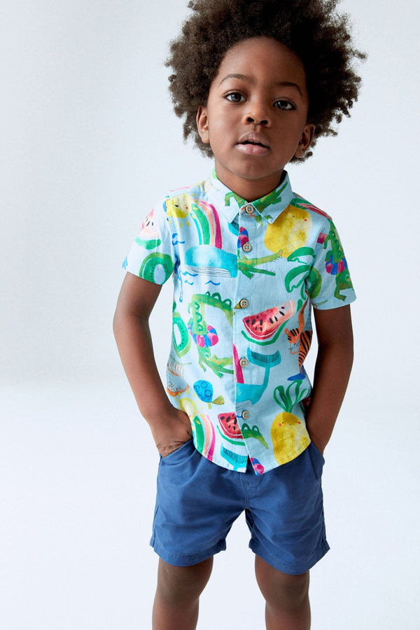 Blue Printed Short Sleeve Shirt (3mths-7yrs)