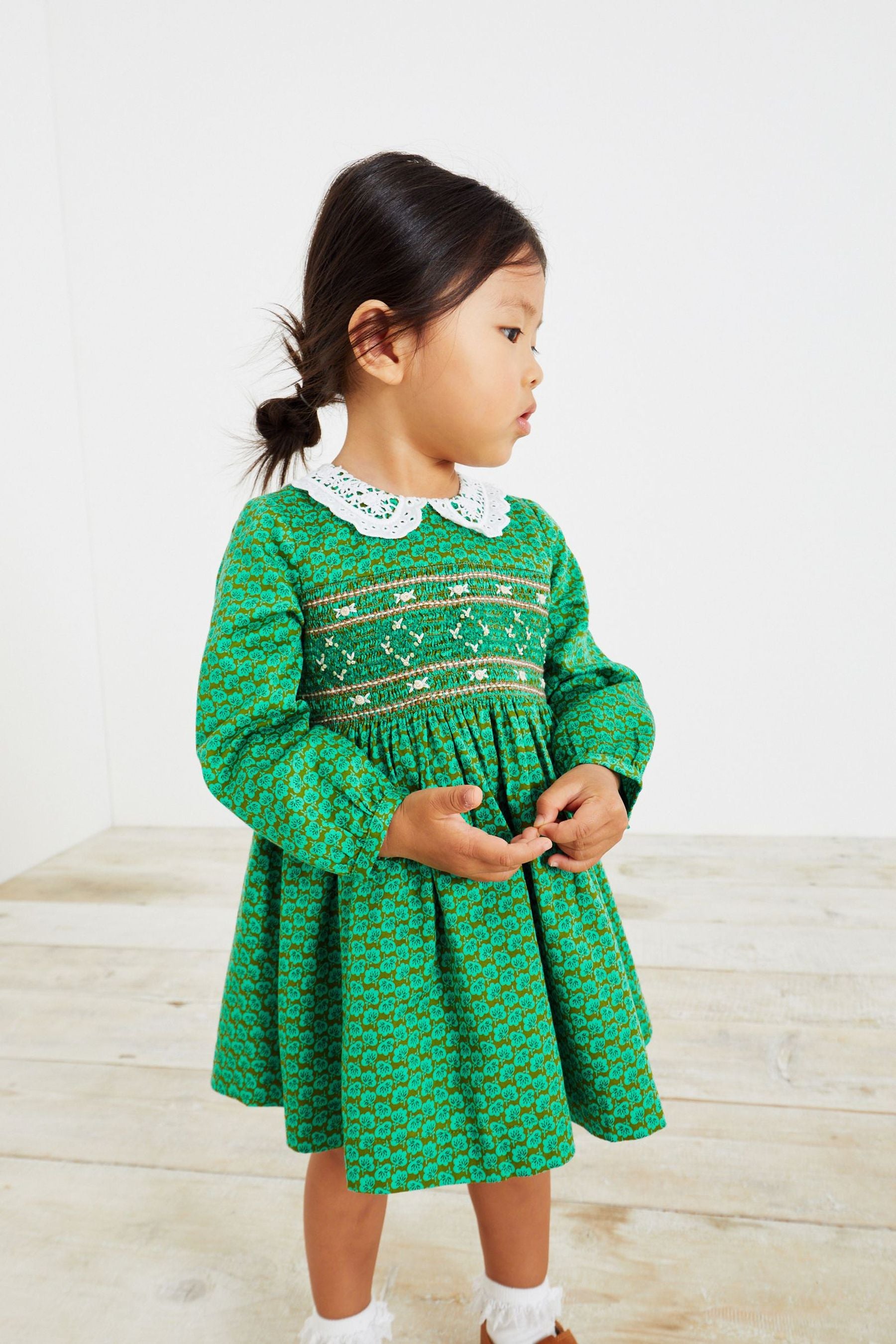 Green Geo Printed Shirred Collar Dress (3mths-8yrs)