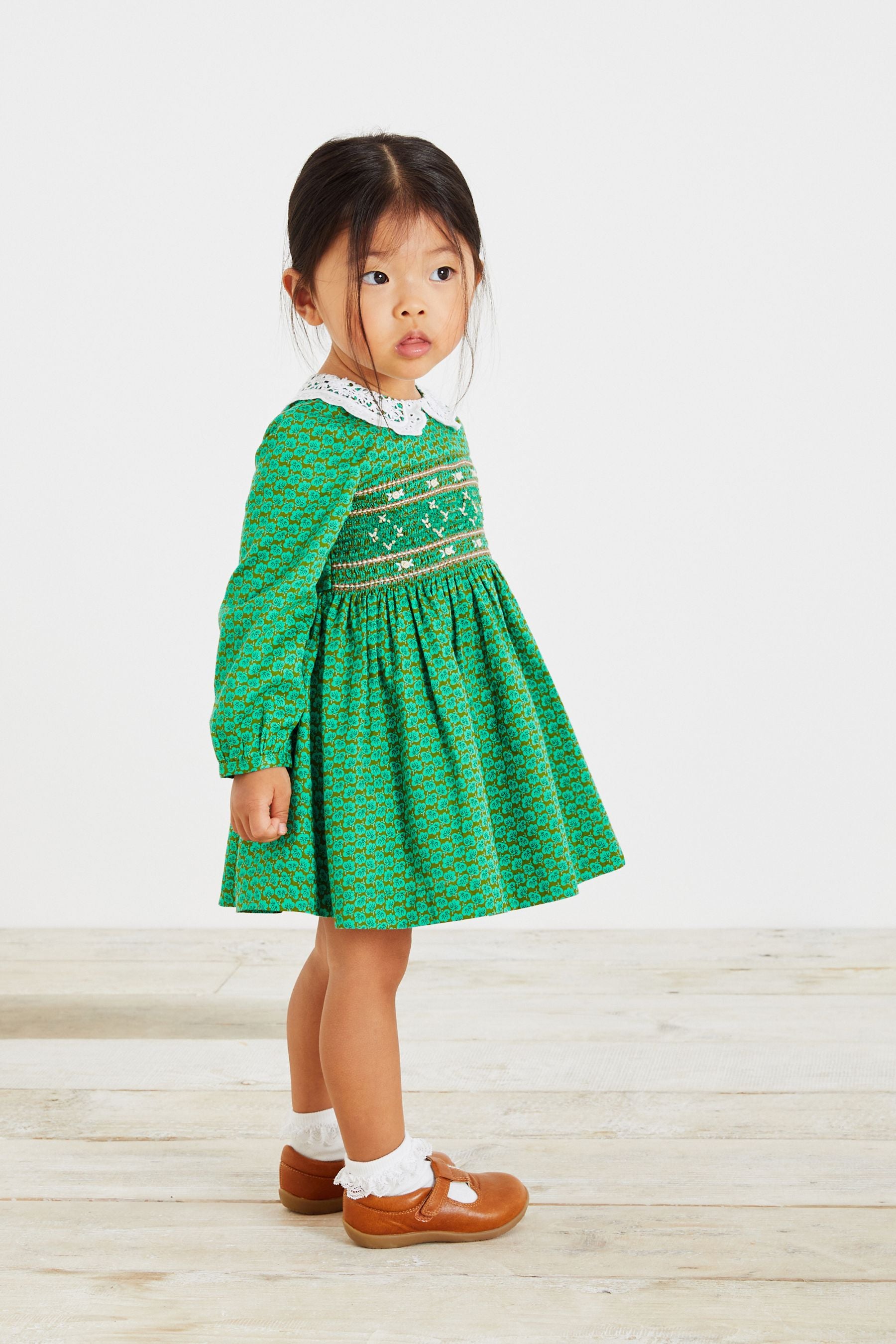 Green Geo Printed Shirred Collar Dress (3mths-8yrs)