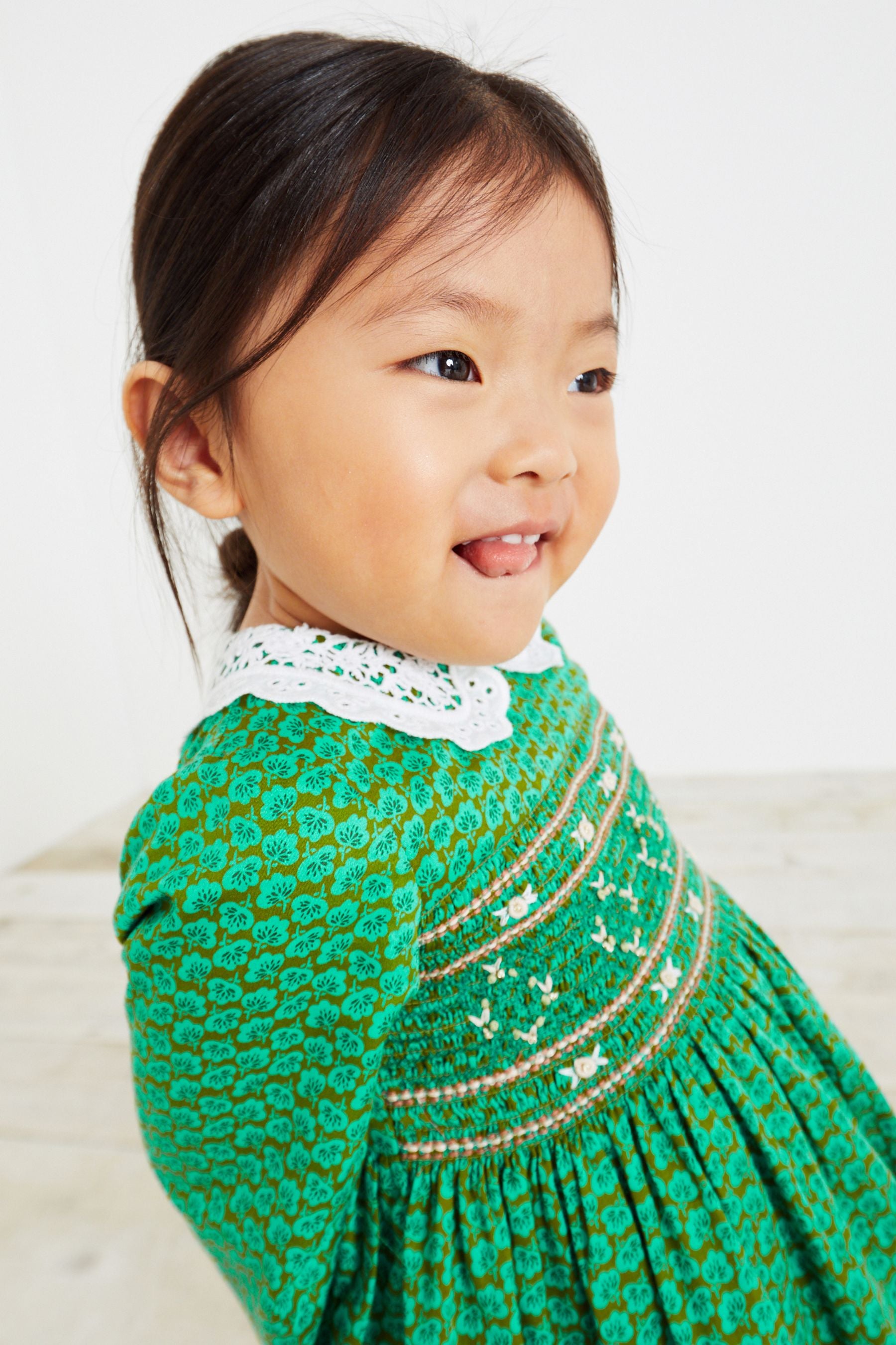 Green Geo Printed Shirred Collar Dress (3mths-8yrs)