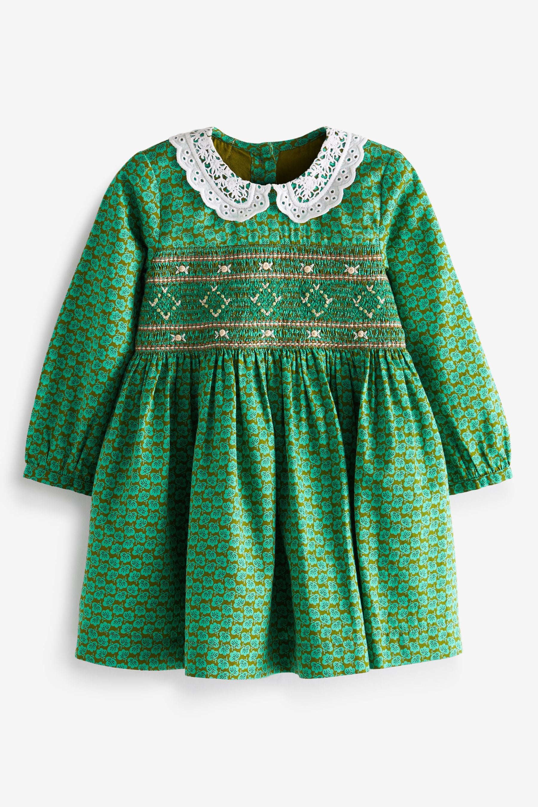 Green Geo Printed Shirred Collar Dress (3mths-8yrs)