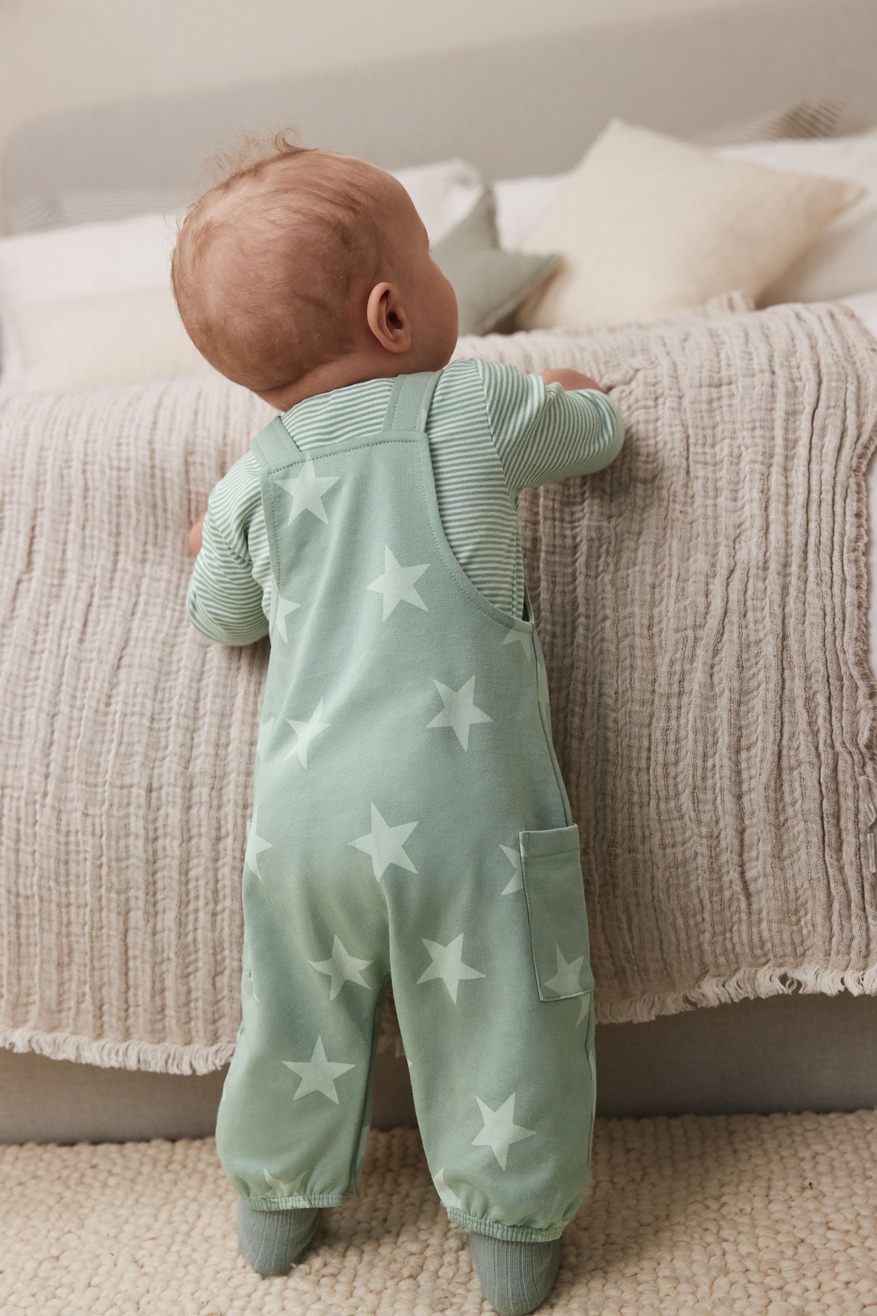 Sage Green Star Jersey Baby Dungarees And Bodysuit (0mths-2yrs)