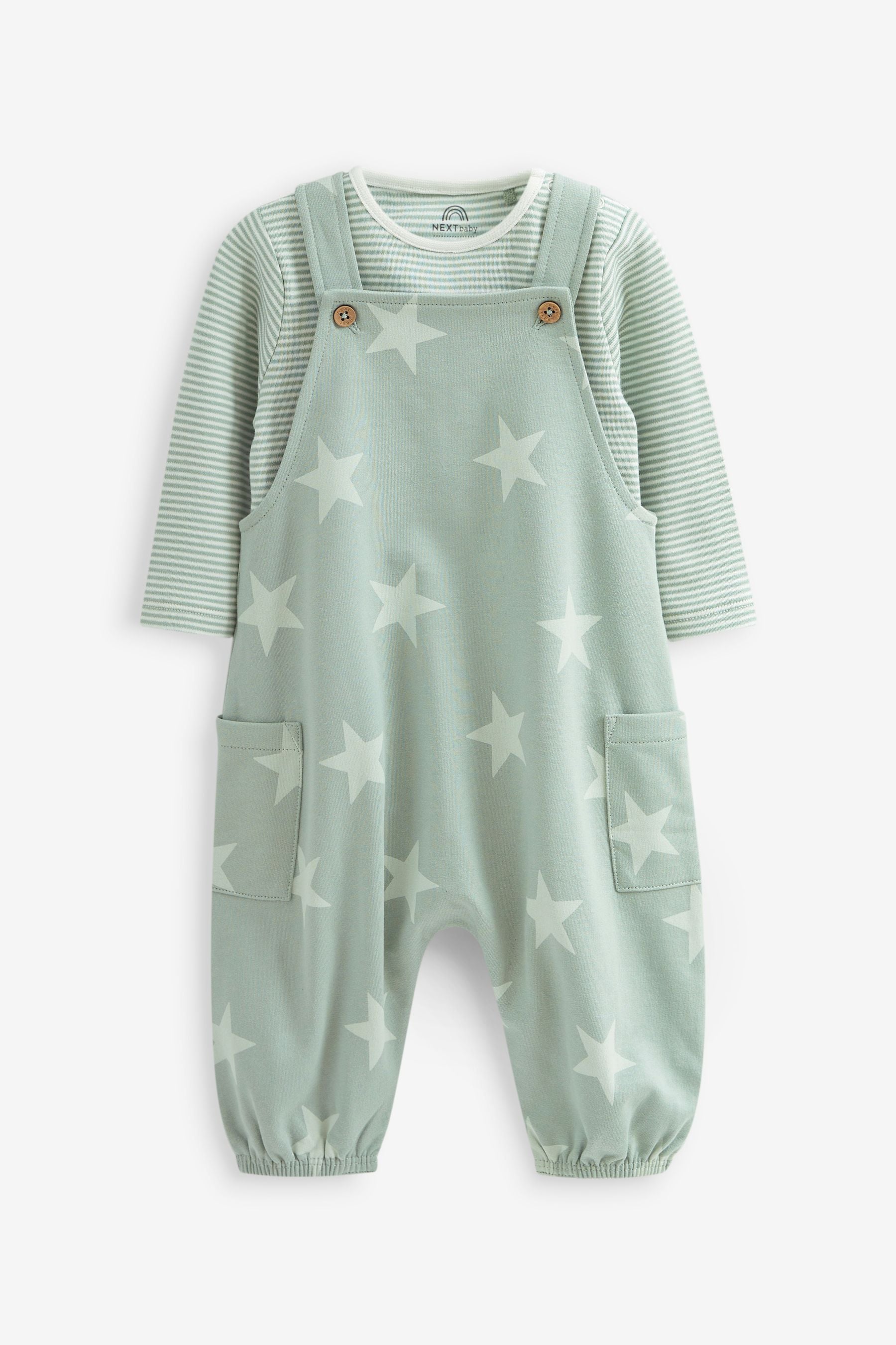 Sage Green Star Jersey Baby Dungarees And Bodysuit (0mths-2yrs)