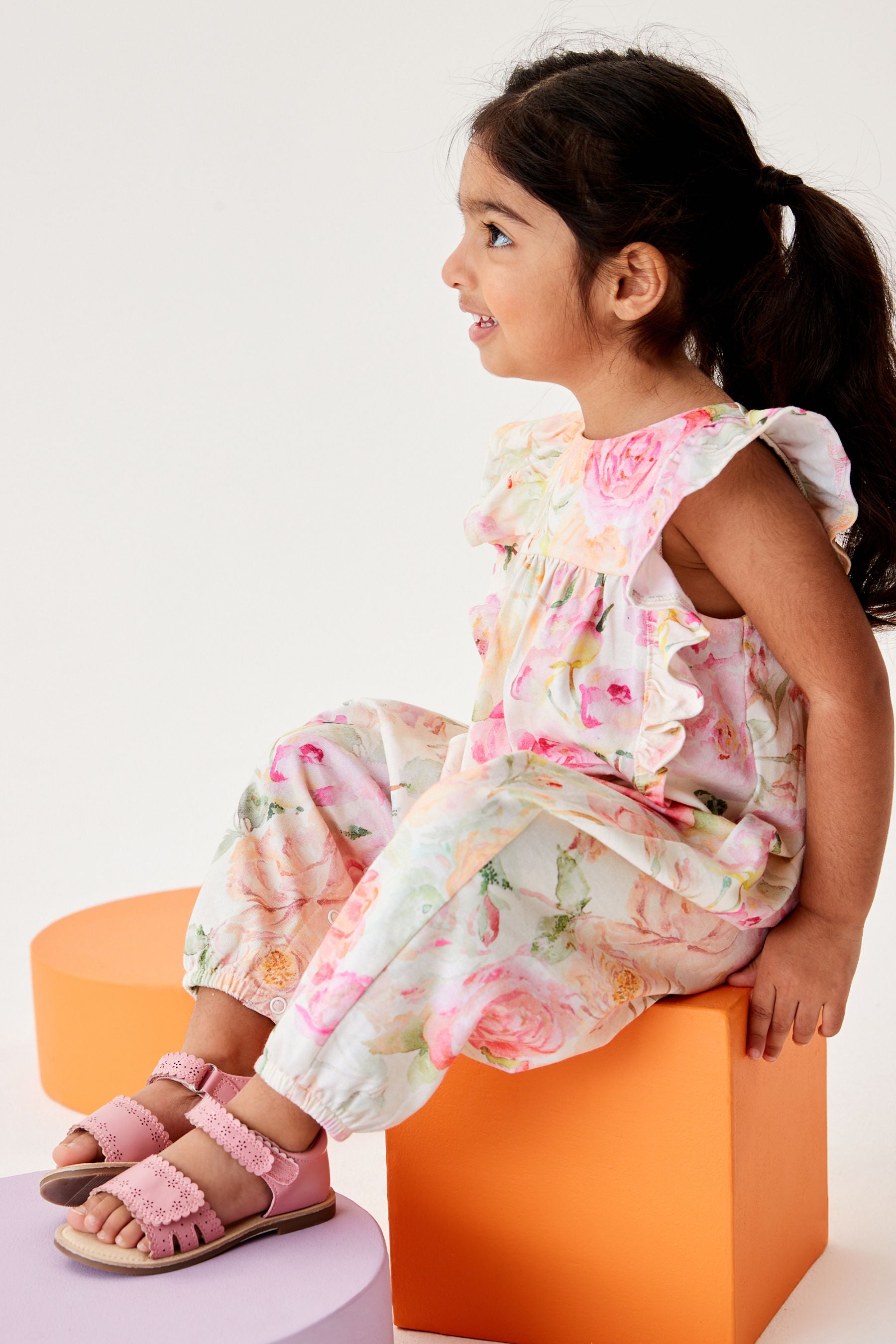 Pink Floral Frill Long Leg Playsuit (3mths-7yrs)