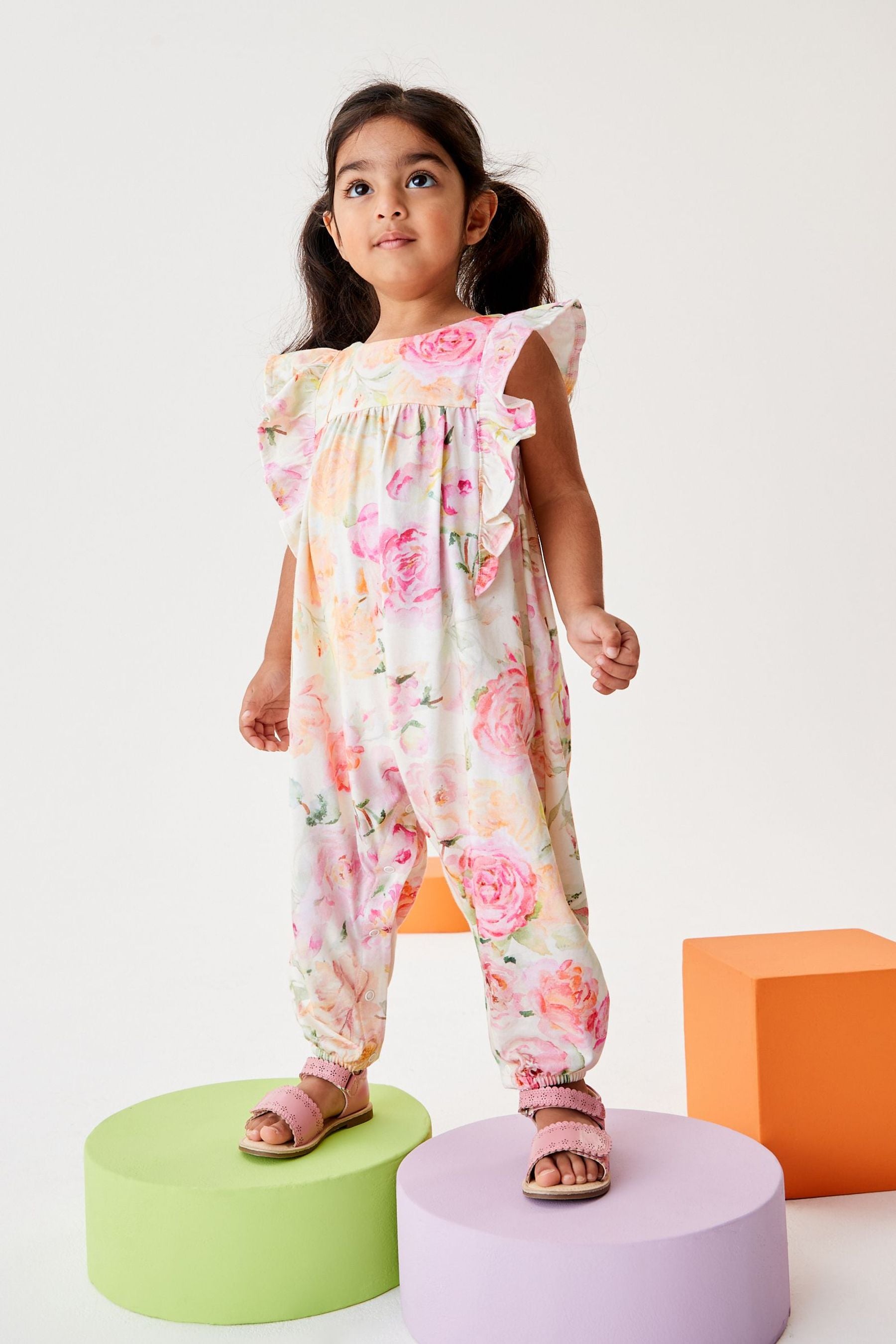 Pink Floral Frill Long Leg Playsuit (3mths-7yrs)