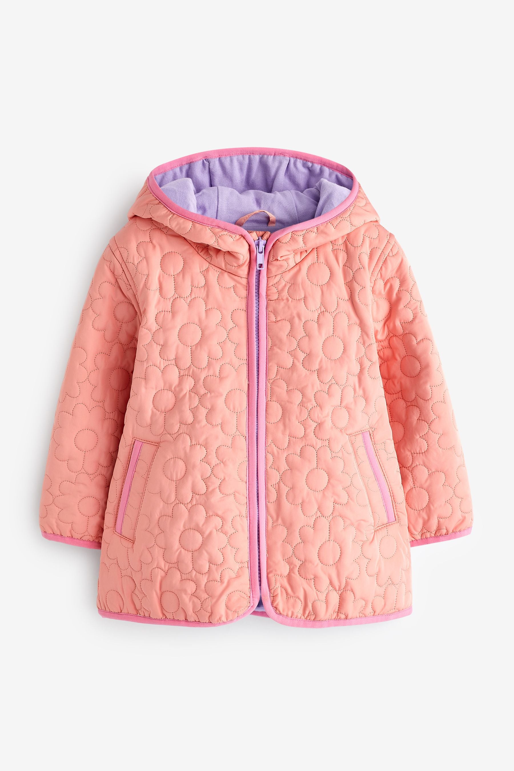 Coral Pink Floral Quilted Hooded Jacket (6mths-7yrs)