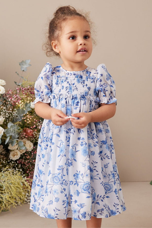 Blue Floral Shirred Organza Party Dress (3mths-8yrs)