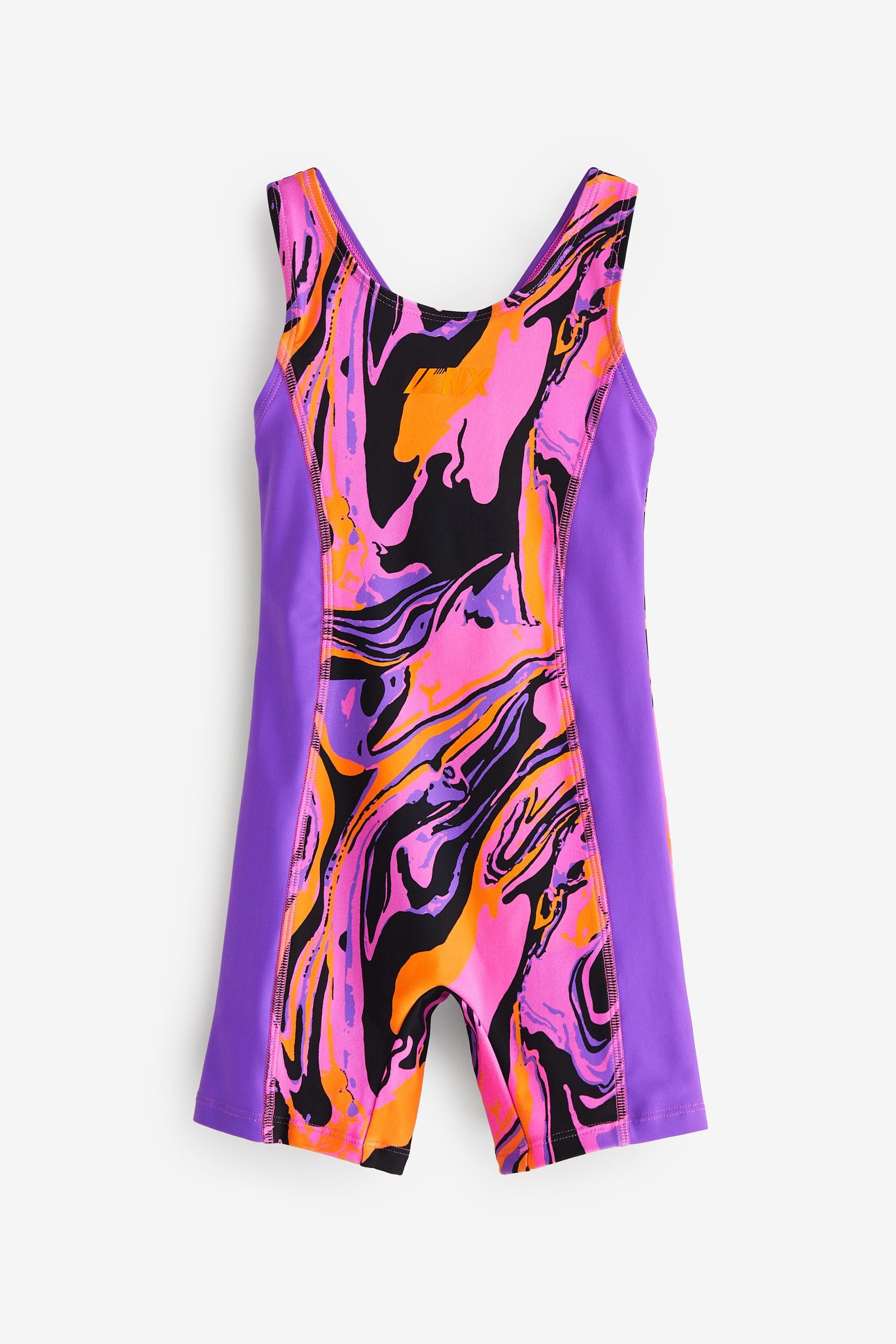 Black/Purple All-Over Print Shortie Swimsuit