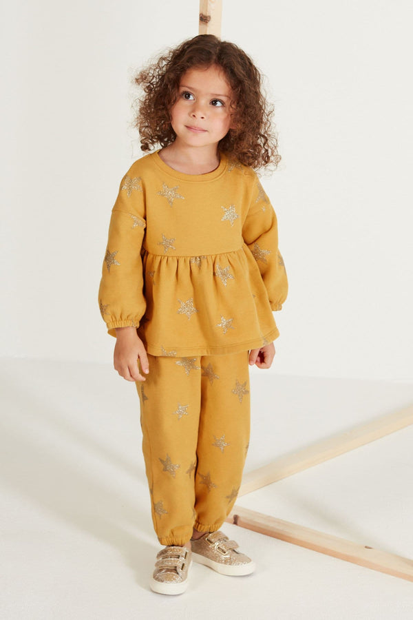 Ochre Yellow/Cream Glitter Star Print Peplum Hem Jumper And Joggers Set (3mths-7yrs)