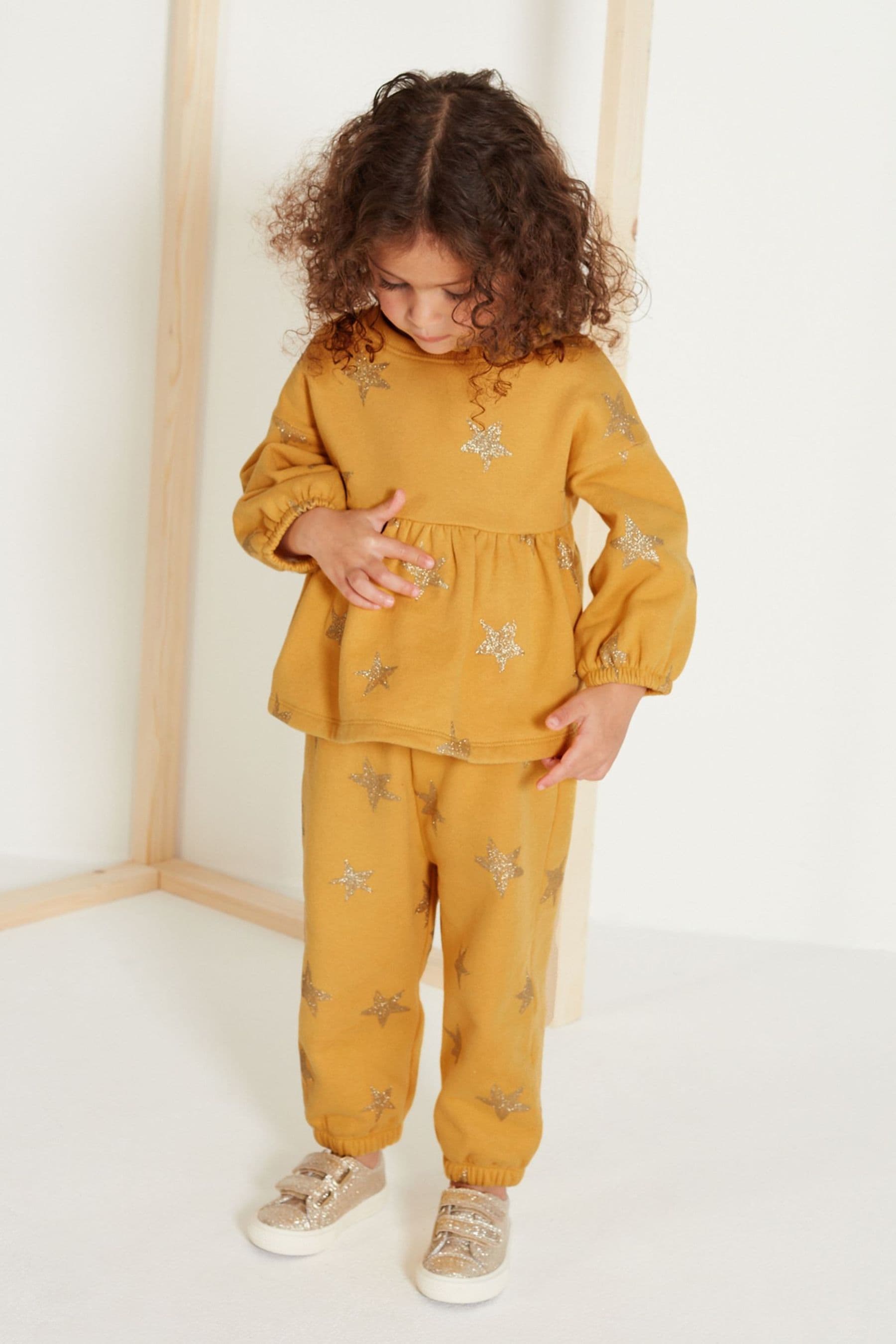 Ochre Yellow/Cream Glitter Star Print Peplum Hem Jumper And Joggers Set (3mths-7yrs)