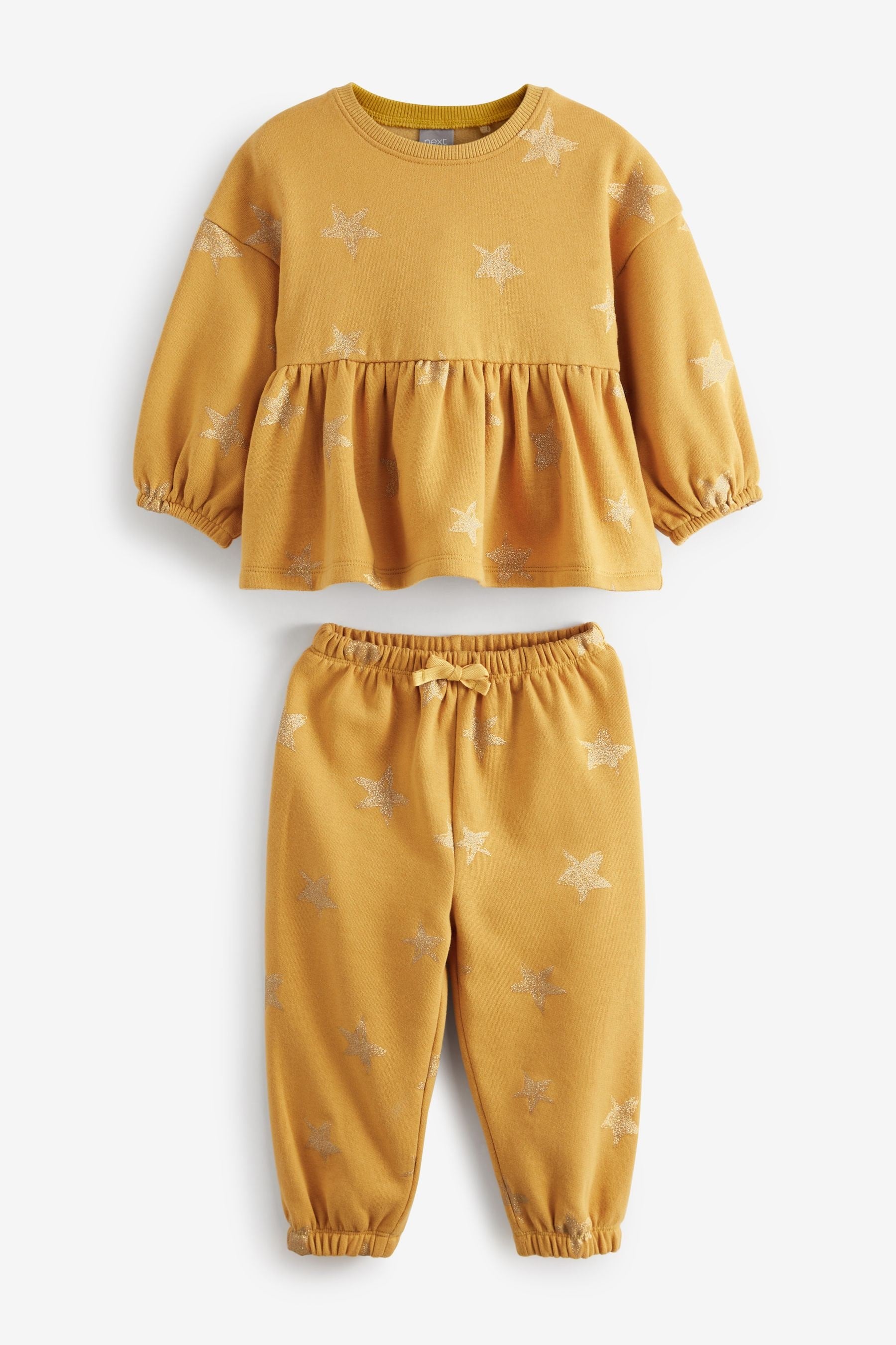 Ochre Yellow/Cream Glitter Star Print Peplum Hem Jumper And Joggers Set (3mths-7yrs)