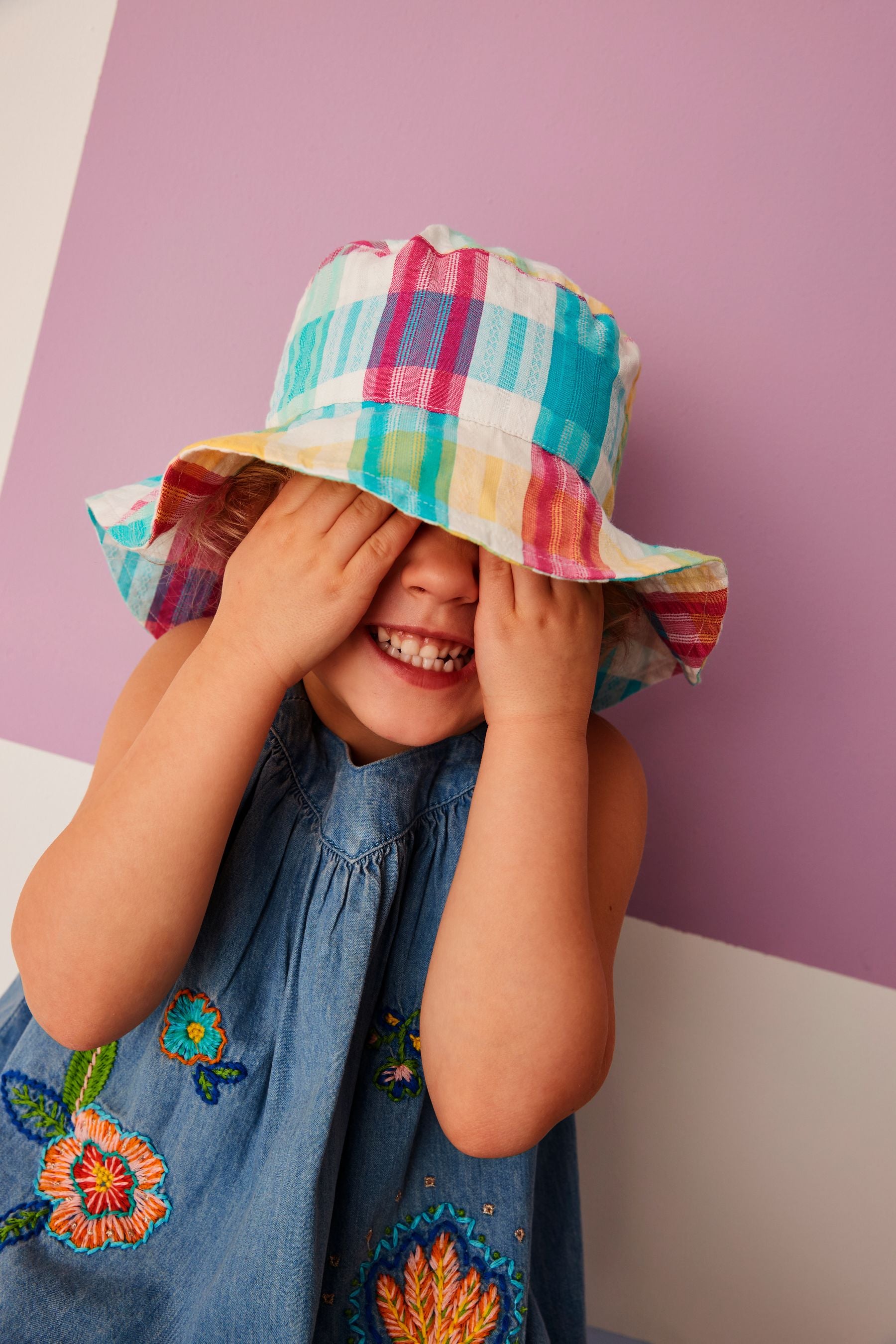 Multi Check Embroidered Floral Low Back Bucket Hat (3mths-10yrs)