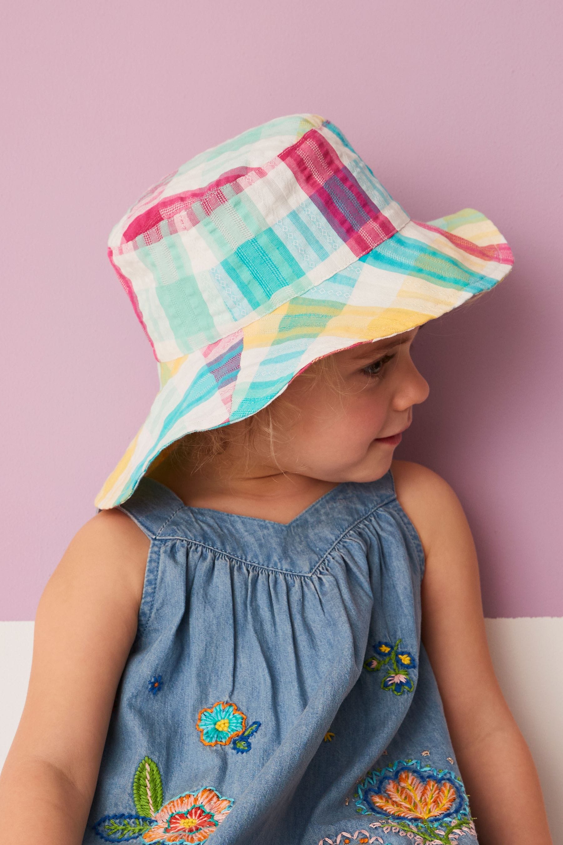 Multi Check Embroidered Floral Low Back Bucket Hat (3mths-10yrs)