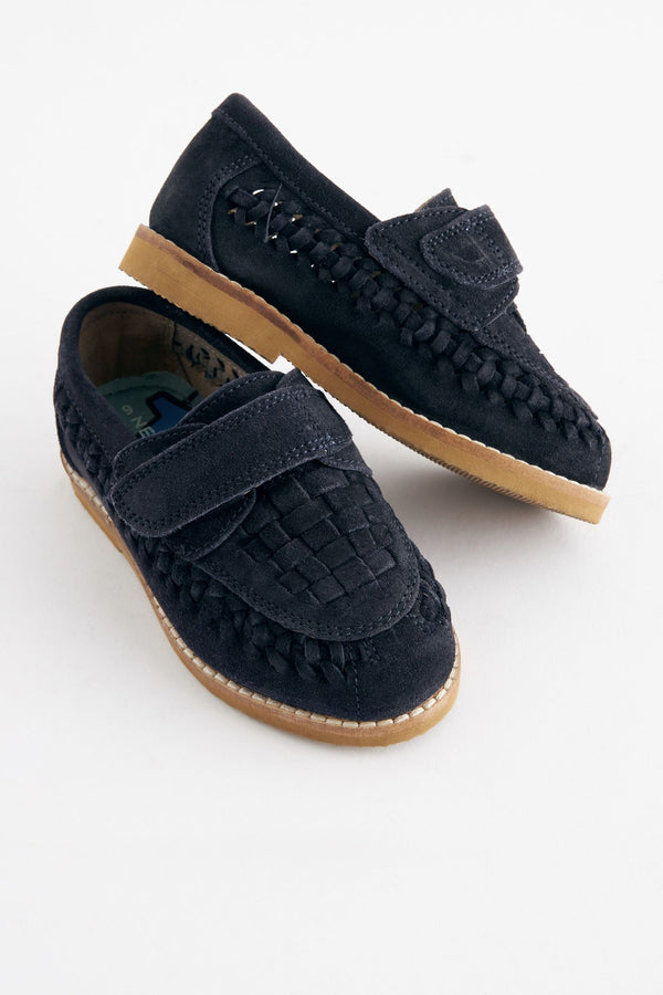 Navy Blue Leather Woven Loafers