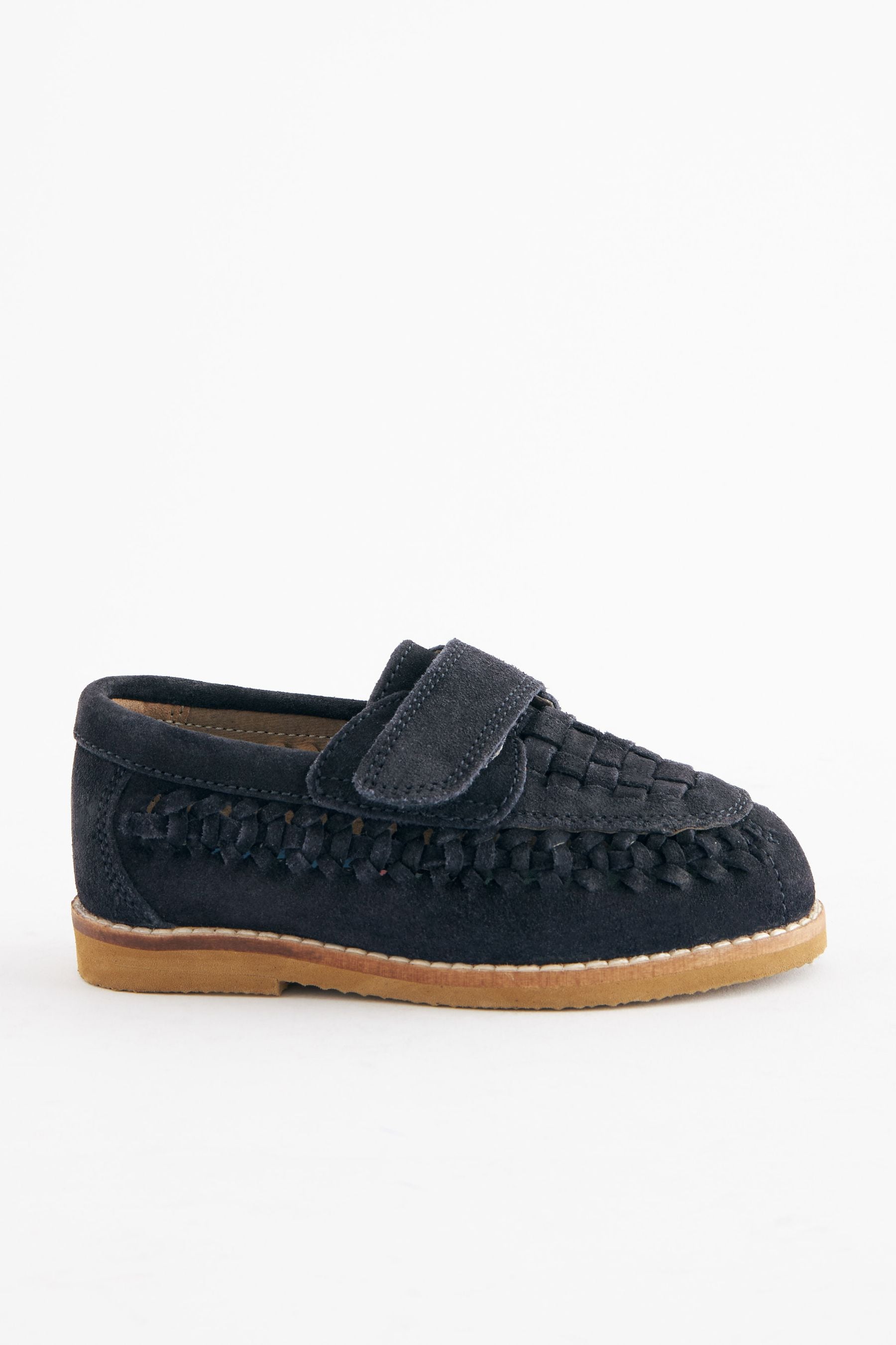 Navy Blue Leather Woven Loafers