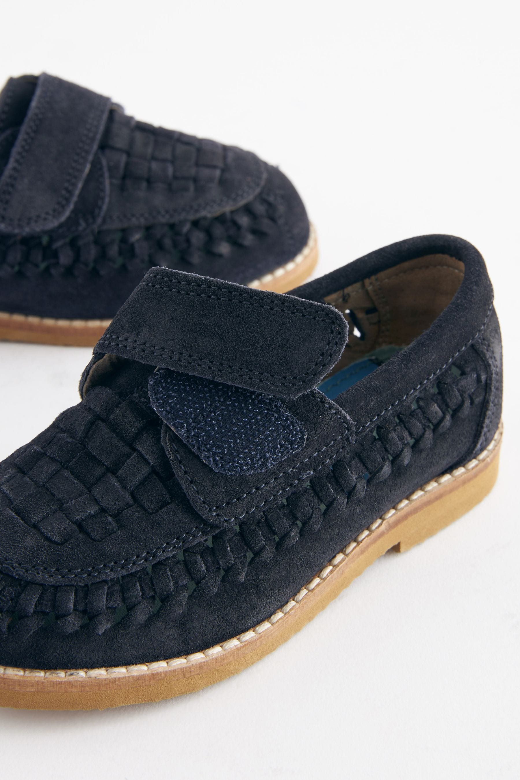 Navy Blue Leather Woven Loafers