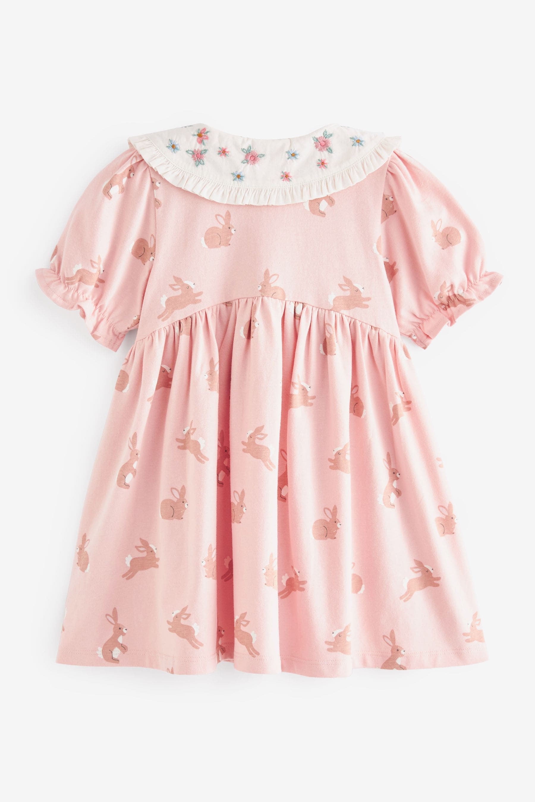 Pink Bunny Peter Pan Collar Puff Sleeve Cotton Jersey Dress (3mths-7yrs)