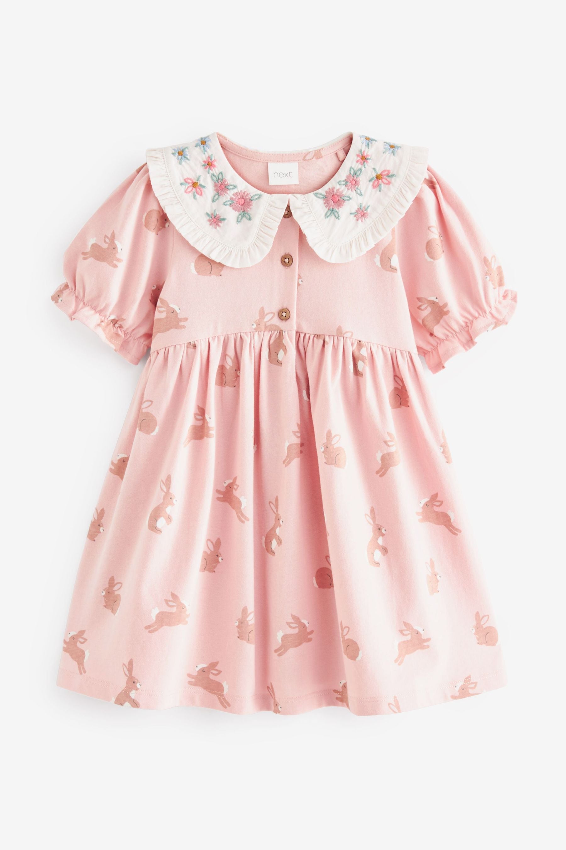 Pink Bunny Peter Pan Collar Puff Sleeve Cotton Jersey Dress (3mths-7yrs)