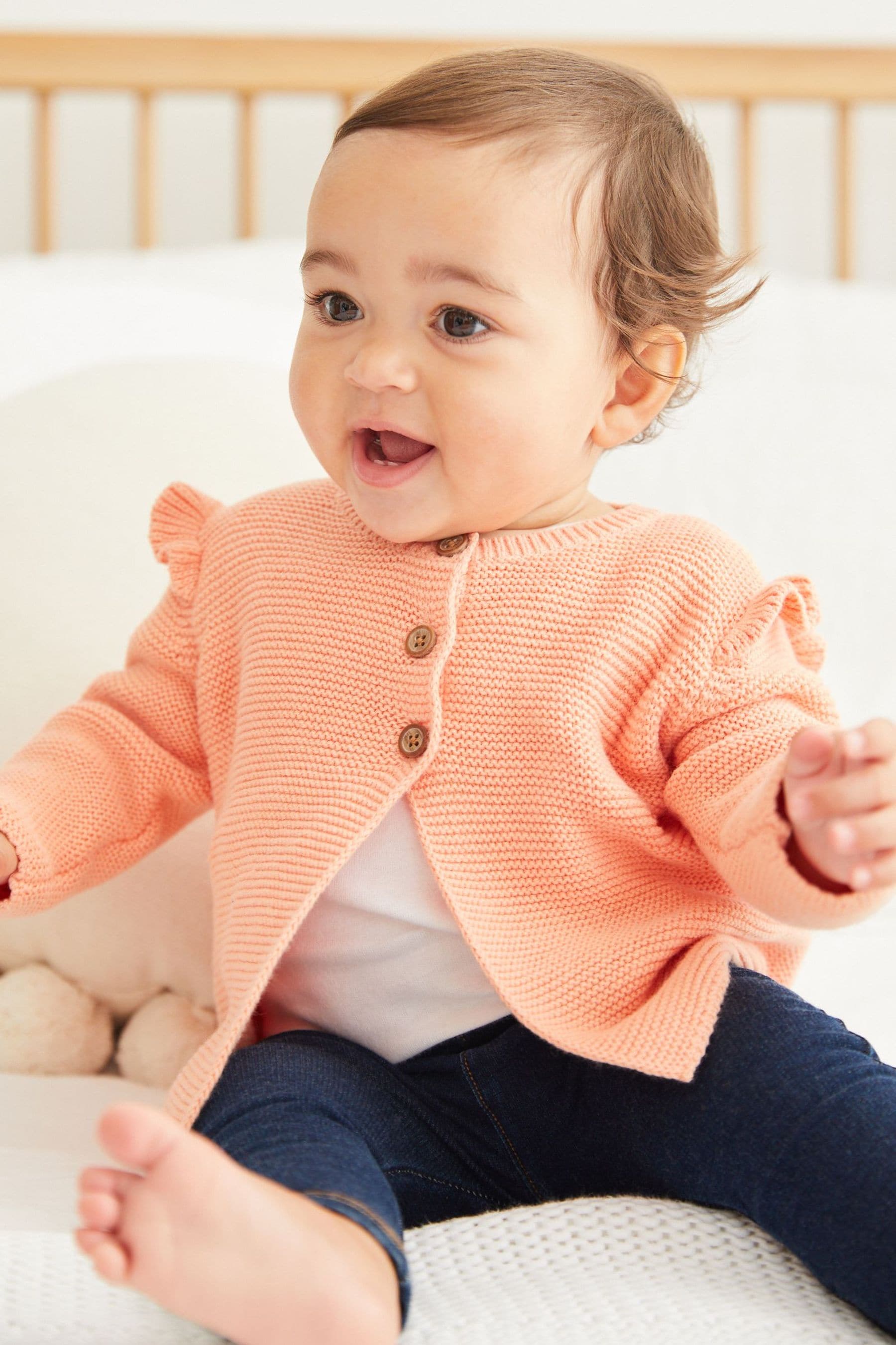 Peach Pink Baby Frill Shoulder Knitted Cardigan (0mths-2yrs)